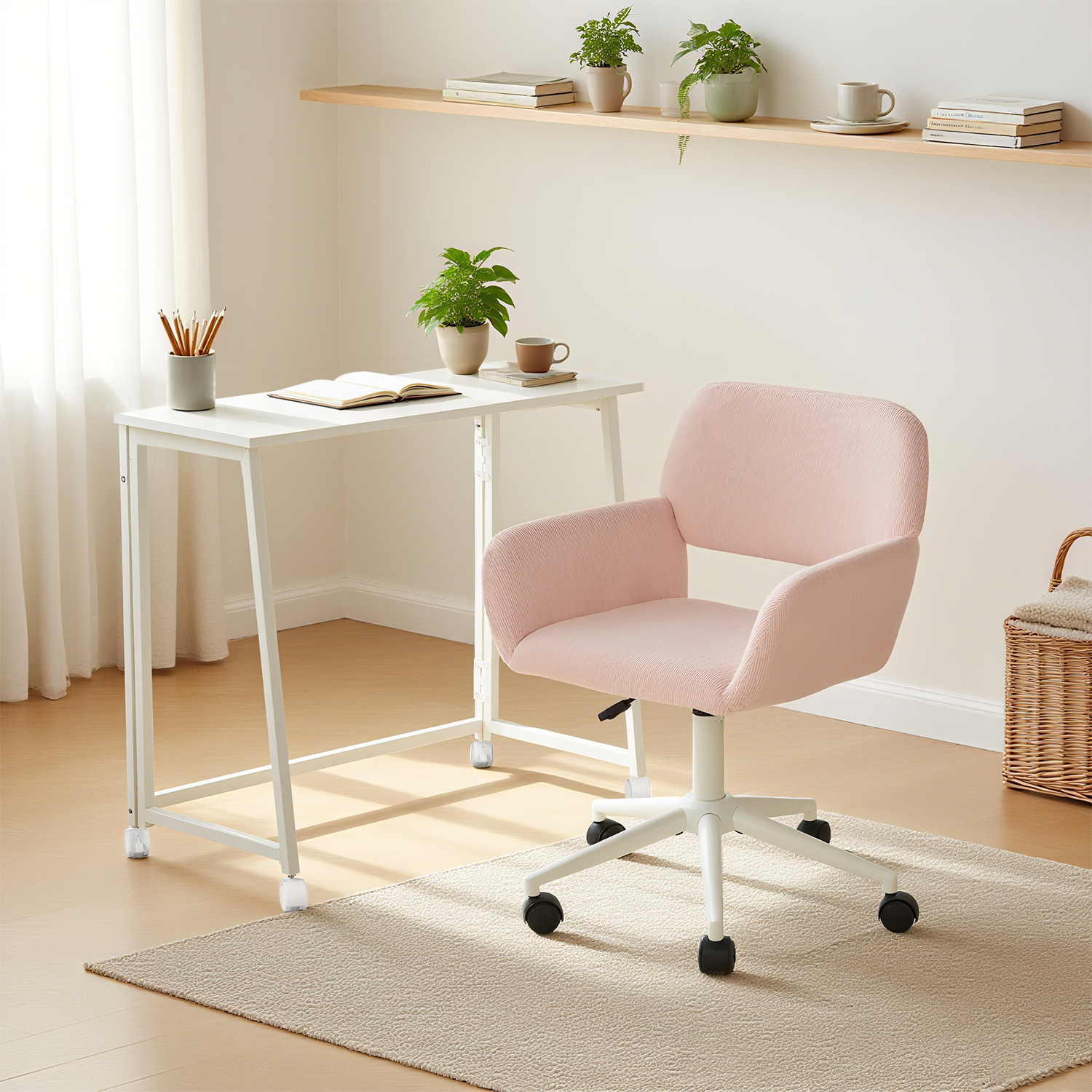 Ensemble avec bureau pliable blanc à roulettes et fauteuil en velours côtelé vert olive ââ‚?ASCOLI & ROSS