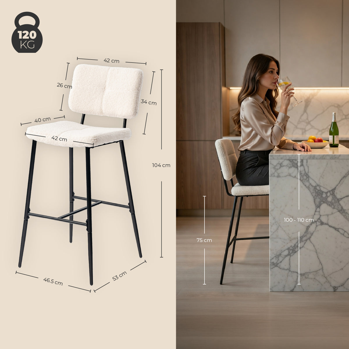 Lot de 2 tabourets de bar scandinaves avec dossier en tissu mouton bouclette beige - POMONA BAR