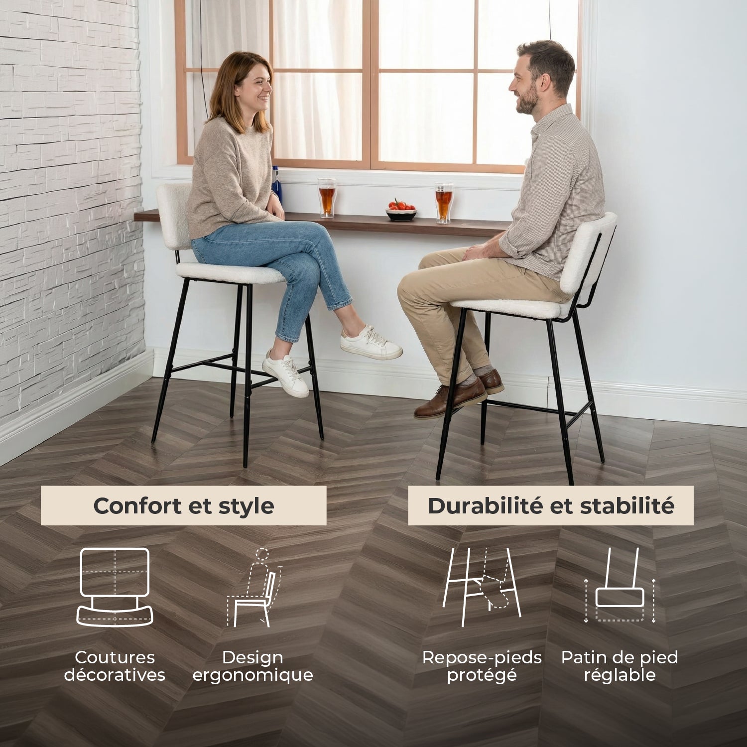 Lot de 2 tabourets de bar scandinaves avec dossier en tissu mouton bouclette beige - POMONA BAR