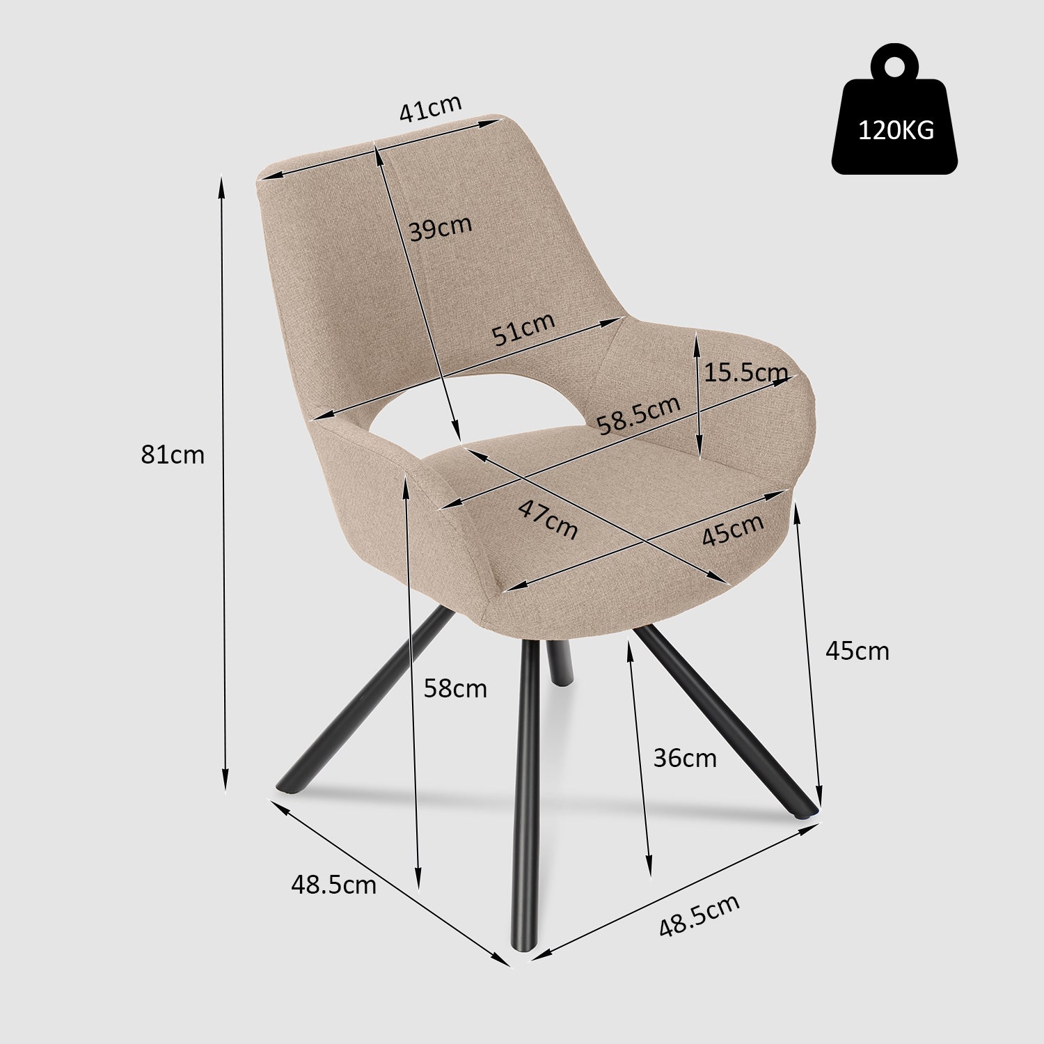 Lot de 6 chaises de salle à manger scandinaves avec accoudoirs en tissu beige - BETH