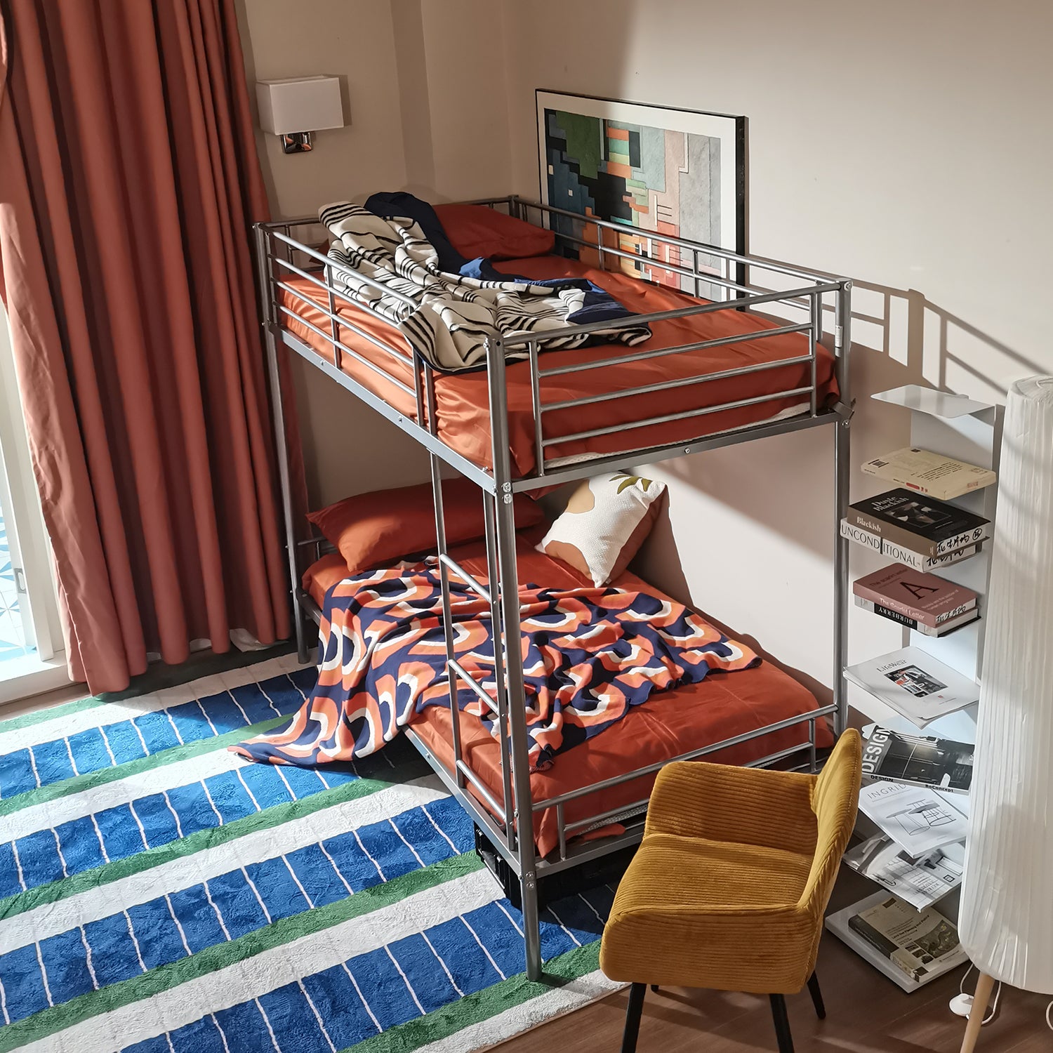 Lit superposé 2 places et 2 étages en métal argenté avec échelle 90x190cm (matelas non inclus) - TWIN