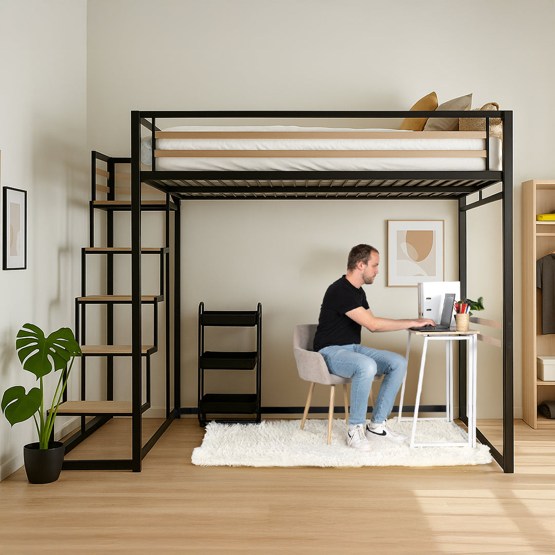 Lit mezzanine 2 places (140x200) avec sommier à lattes au style industriel noir et bois (matelas non inclus) - UP