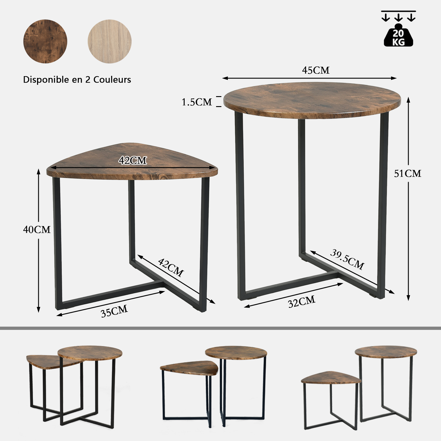 Lot de 2 tables basses gigognes style vintage et industriel en métal noir et bois imitation bois ââ‚?LAYA VINTAGE