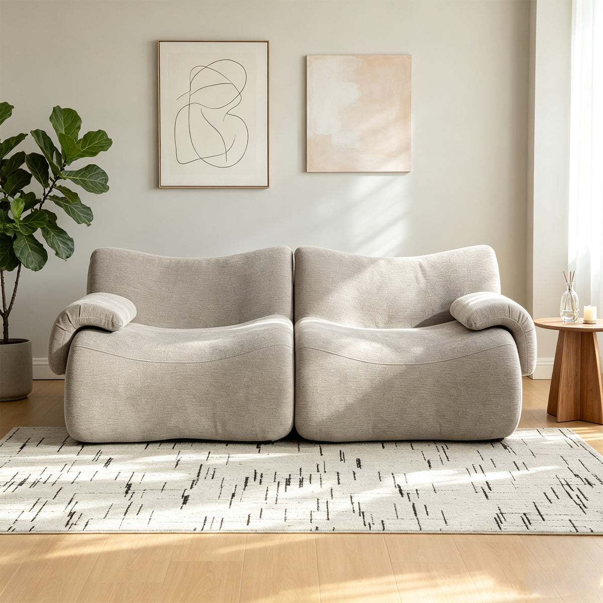 2-seater sofa bed in dark gray fabric with side pockets, modern convertible sofa