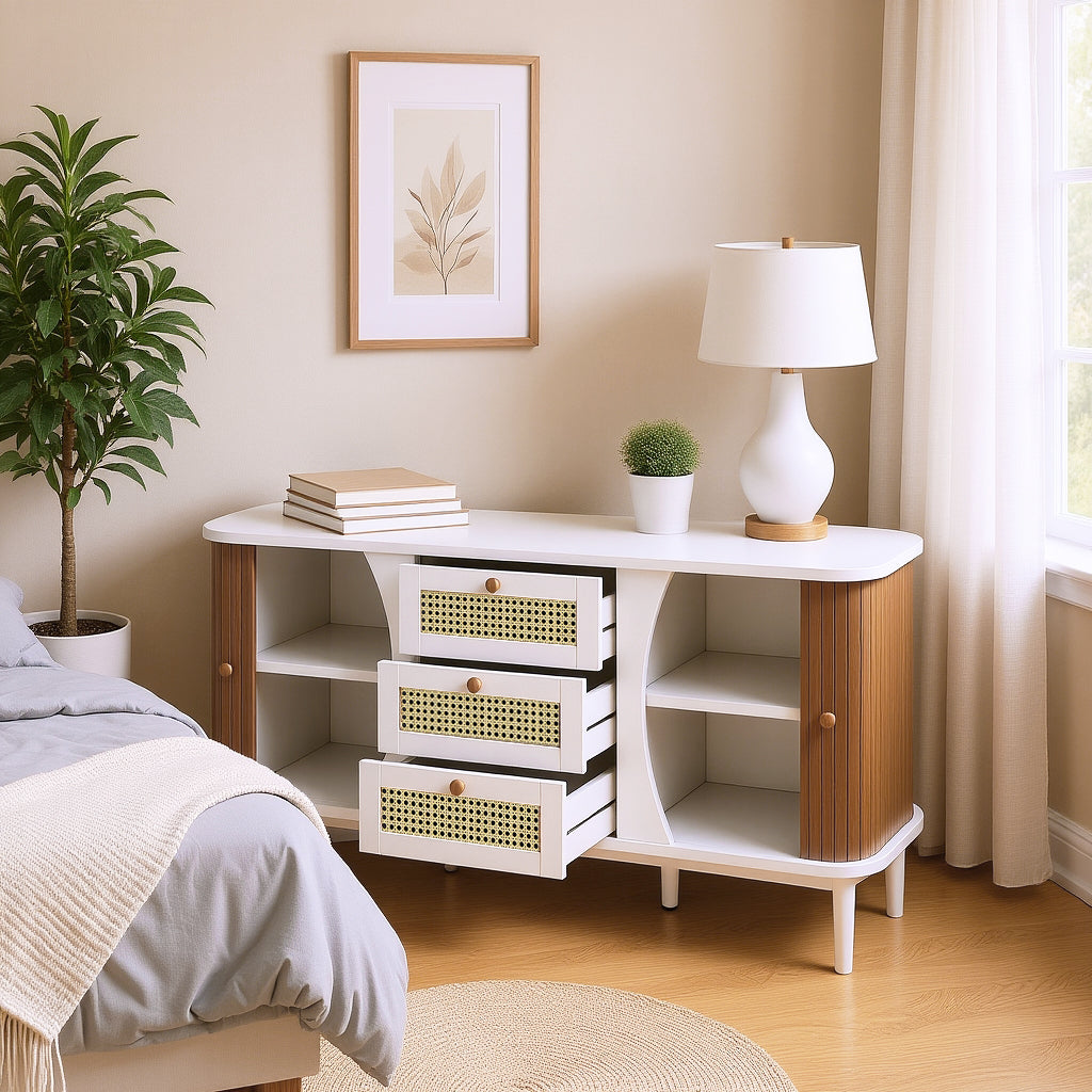 Modern white buffet with 3 rattan drawers and sliding doors