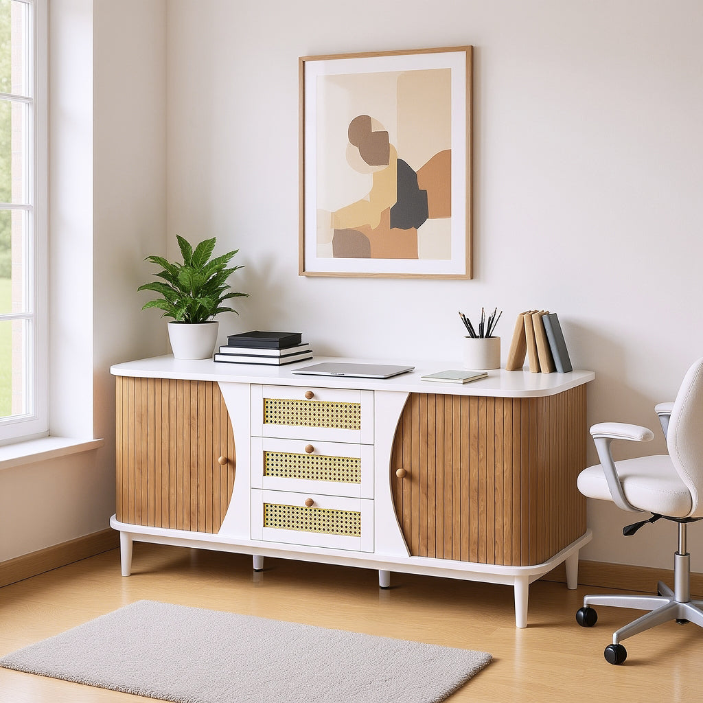 Modern white buffet with 3 rattan drawers and sliding doors