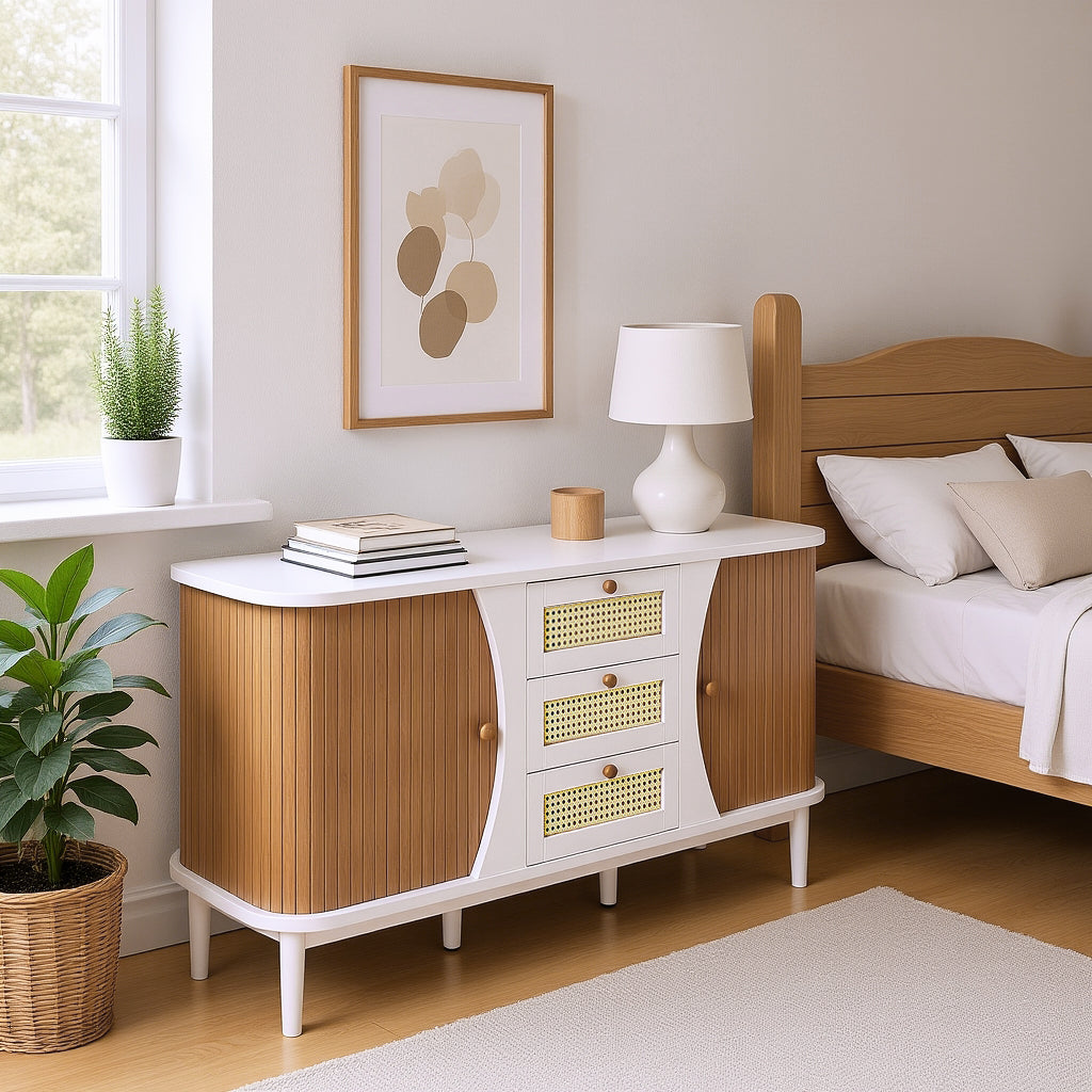 Modern white buffet with 3 rattan drawers and sliding doors