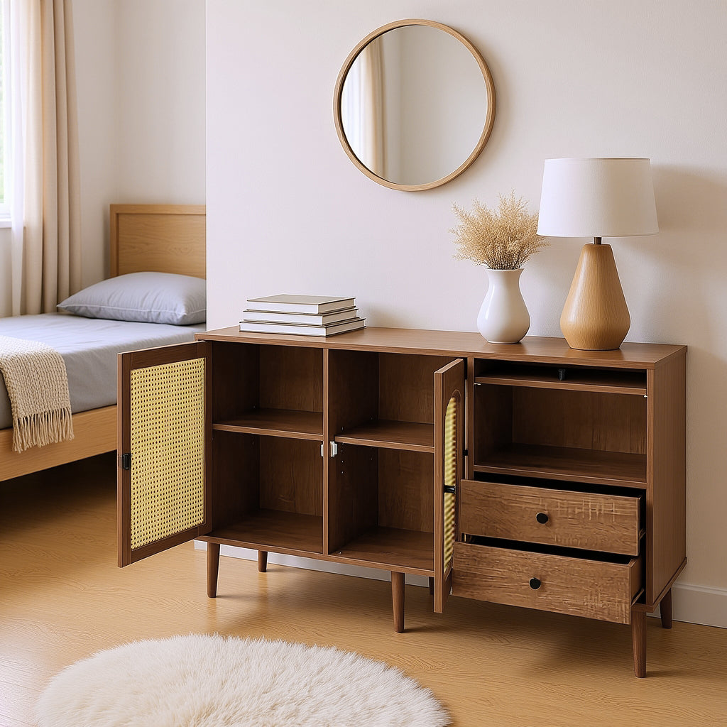 Holzbuffet -Kampagnenstil mit Konservenentüren, verstellbaren Regalen und Schubladen 130 × 75,5 × 40 cm