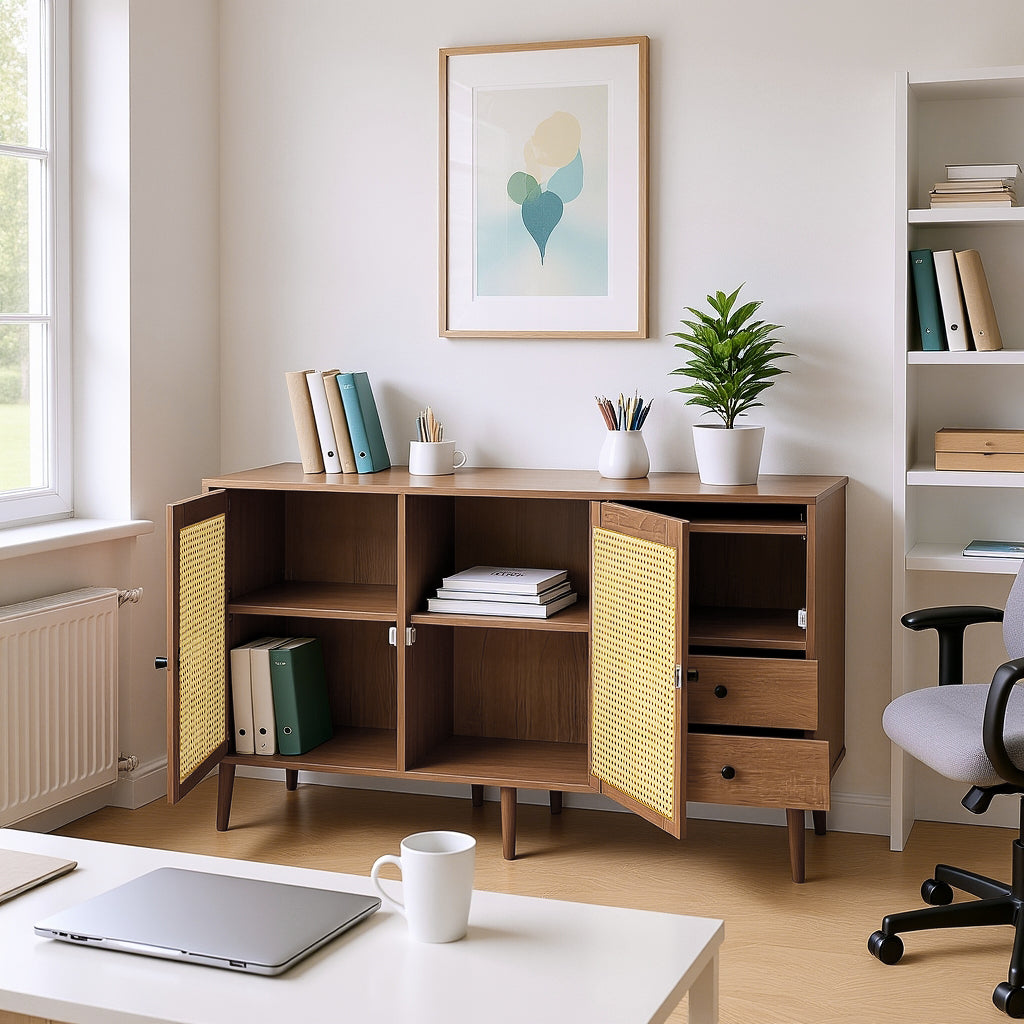 Holzbuffet -Kampagnenstil mit Konservenentüren, verstellbaren Regalen und Schubladen 130 × 75,5 × 40 cm