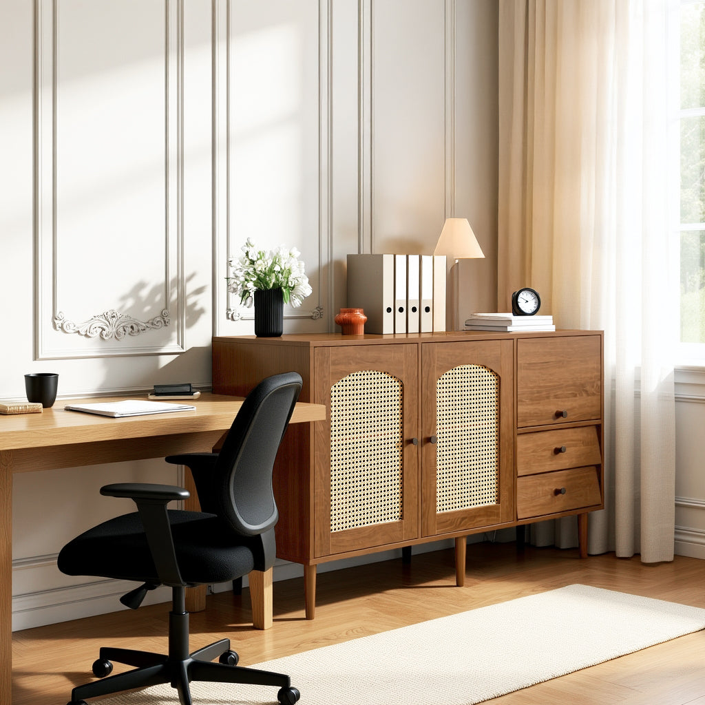 Holzbuffet -Kampagnenstil mit Konservenentüren, verstellbaren Regalen und Schubladen 130 × 75,5 × 40 cm