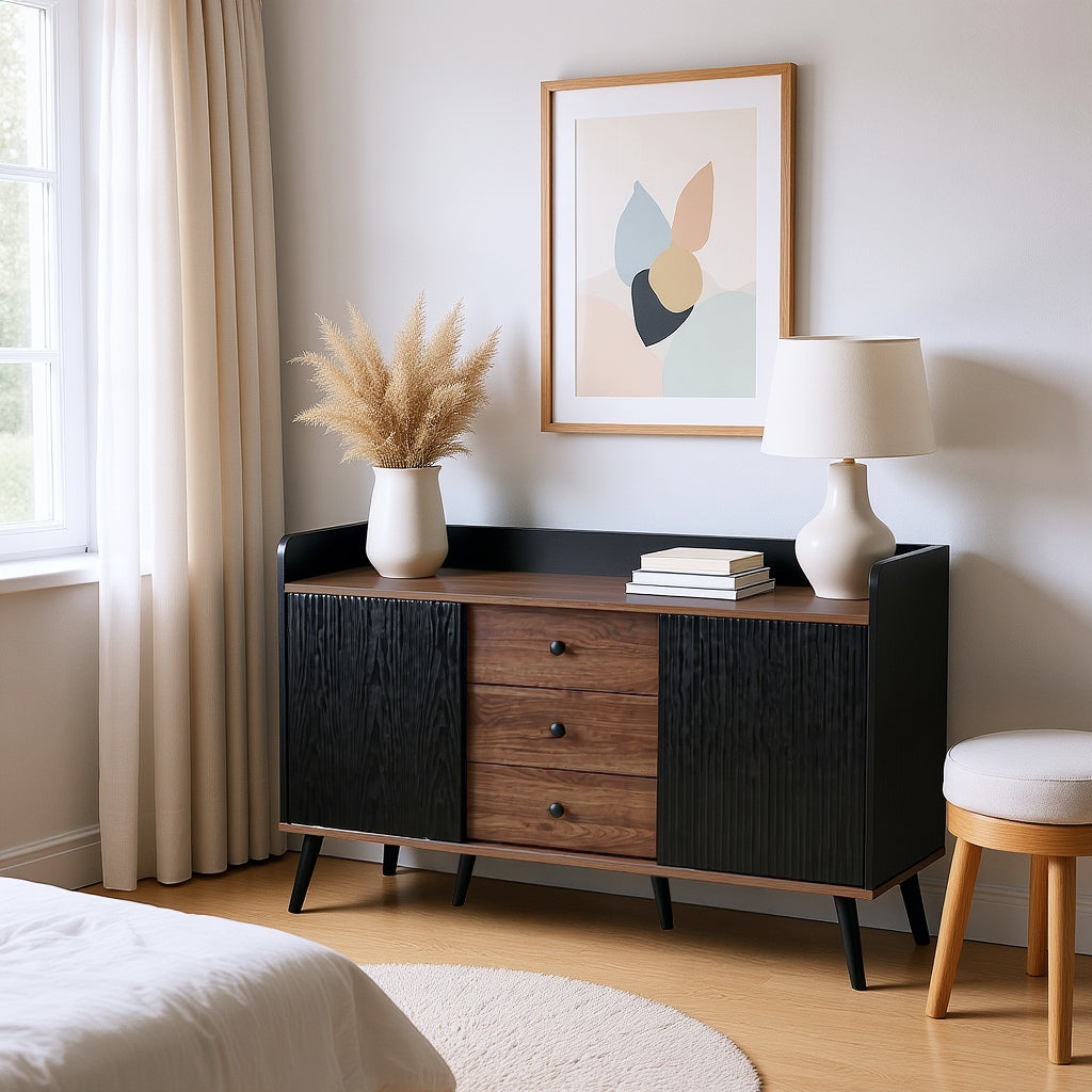 Modern black and wood buffet with 3 drawers and striated sliding doors