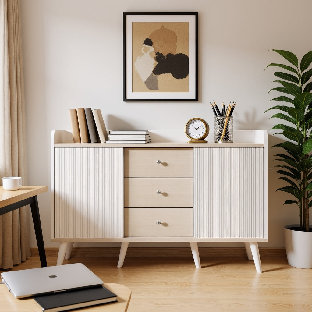 Buffet moderne blanc et bois avec 3 tiroirs et portes coulissantes à lattes