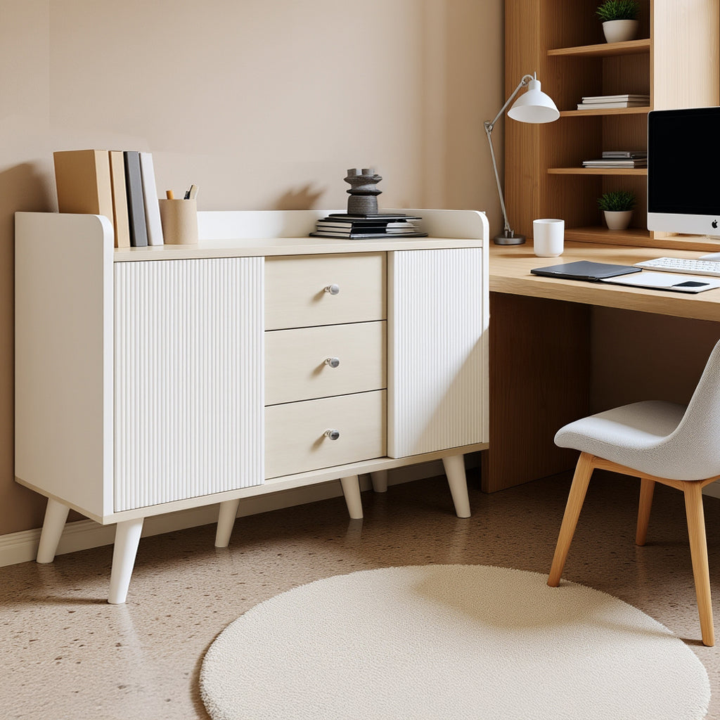 Buffet moderne blanc et bois avec 3 tiroirs et portes coulissantes à lattes
