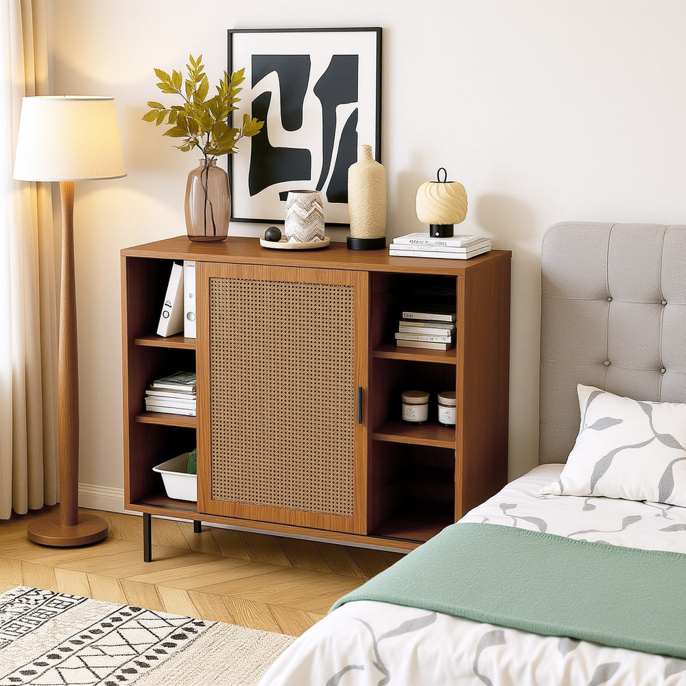 Küchen-Sideboard aus Holz im Landhausstil mit 2 Schiebetüren und verstellbaren Regalen – 100 × 90 × 37 cm