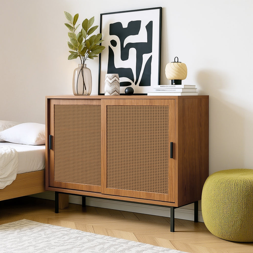 Küchen-Sideboard aus Holz im Landhausstil mit 2 Schiebetüren und verstellbaren Regalen – 100 × 90 × 37 cm