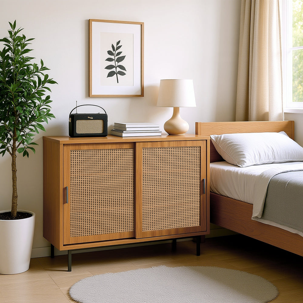 Küchen-Sideboard aus Holz im Landhausstil mit 2 Schiebetüren und verstellbaren Regalen – 100 × 90 × 37 cm