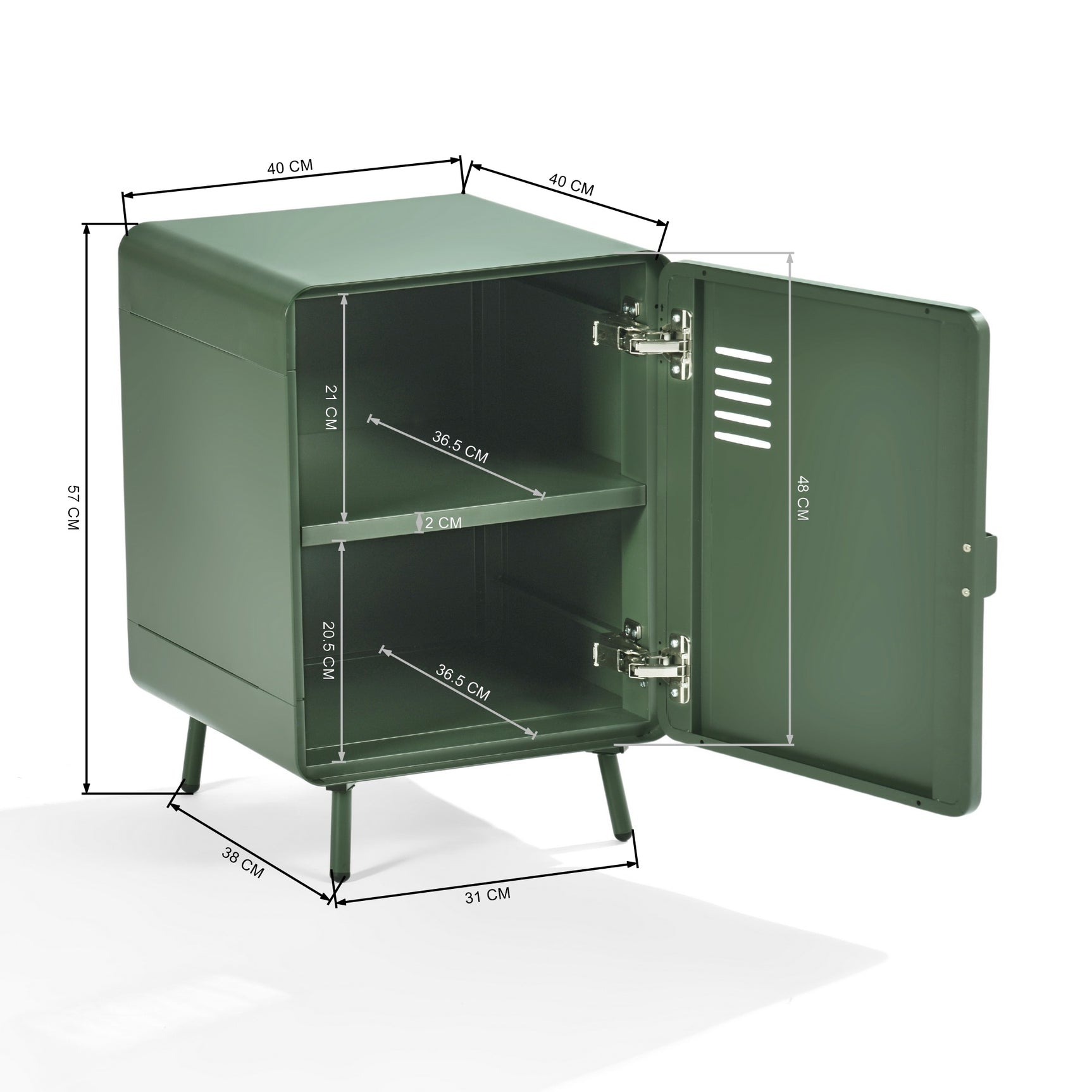 Table de chevet en métal vert style industriel avec rangement et étagère - WALNUT