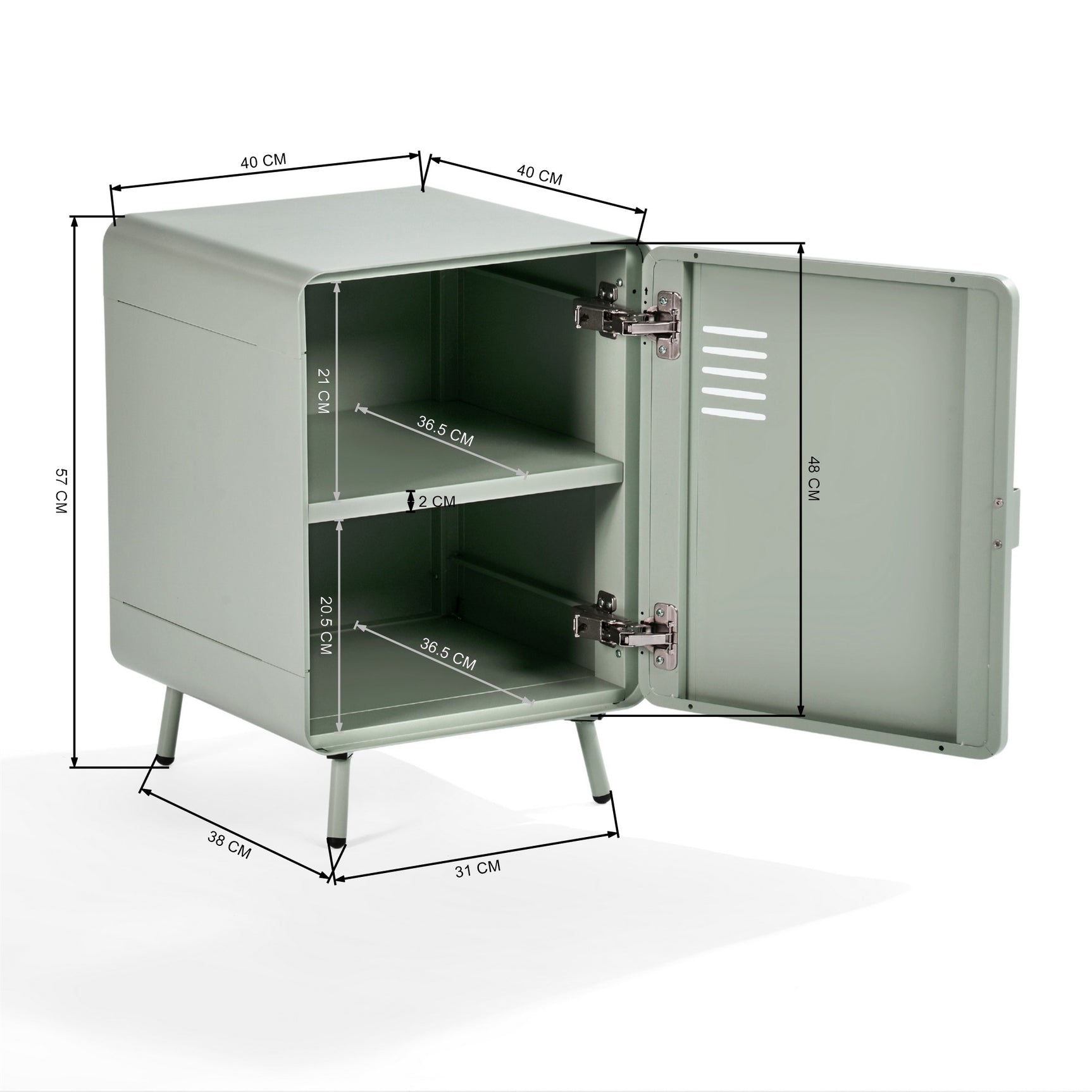 Table de chevet en métal vert clair style industriel avec rangement et étagère - WALNUT