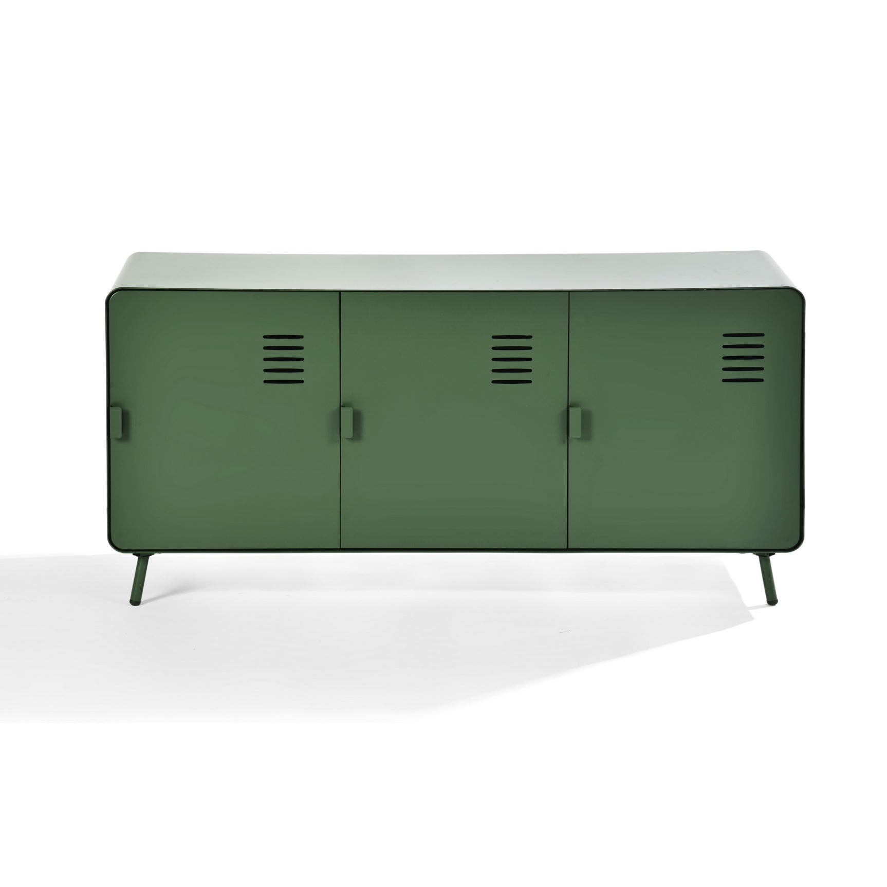 Meuble TV/Buffet salon en métal vert 3 portes et plateau en bois avec étagères - WALNUT