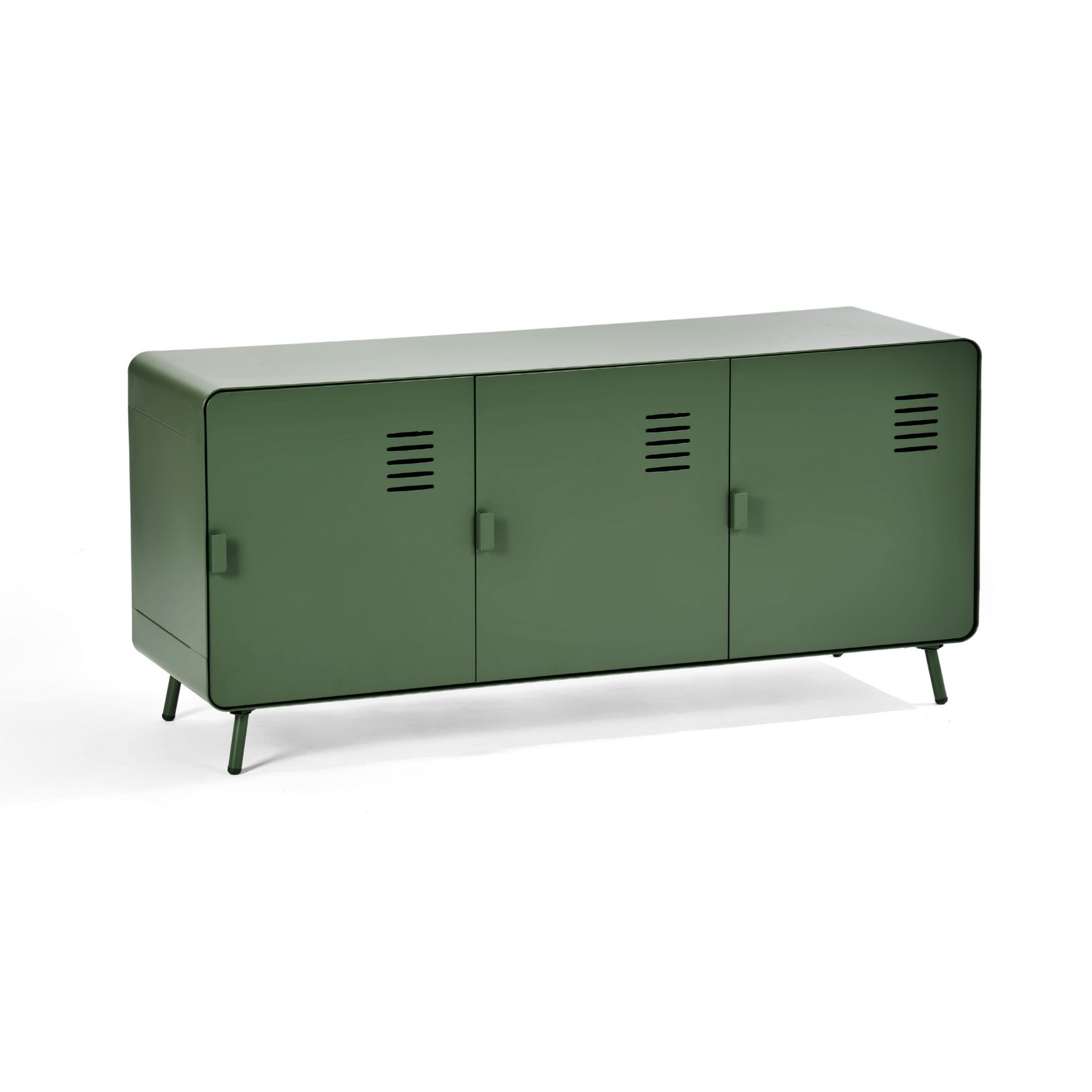 Meuble TV/Buffet salon en métal vert 3 portes et plateau en bois avec étagères - WALNUT