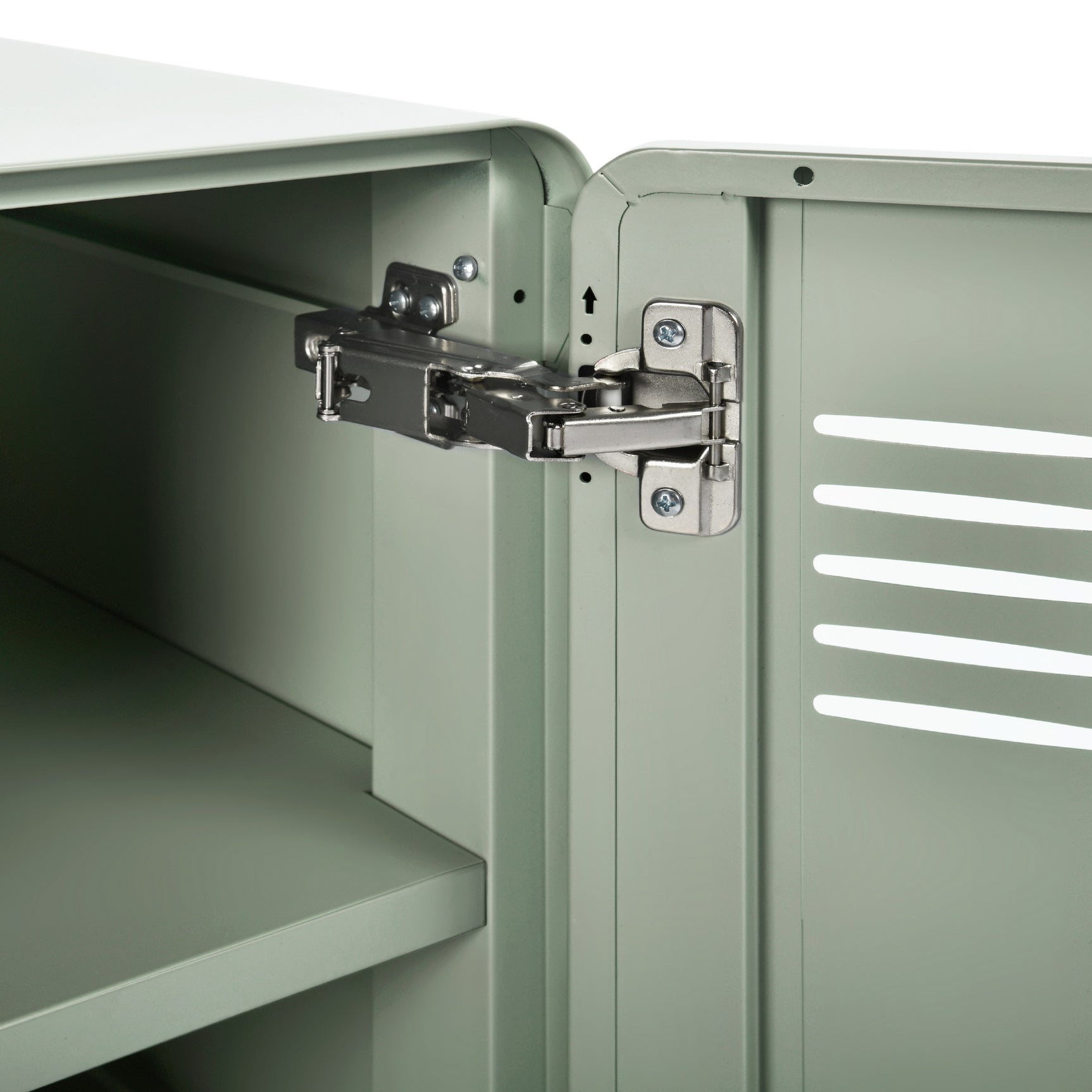 TV-Möbel/Wohnzimmer-Sideboard aus hellgrünem Metall, 3 Türen und Holzplatte mit Regalen – WALNUSS