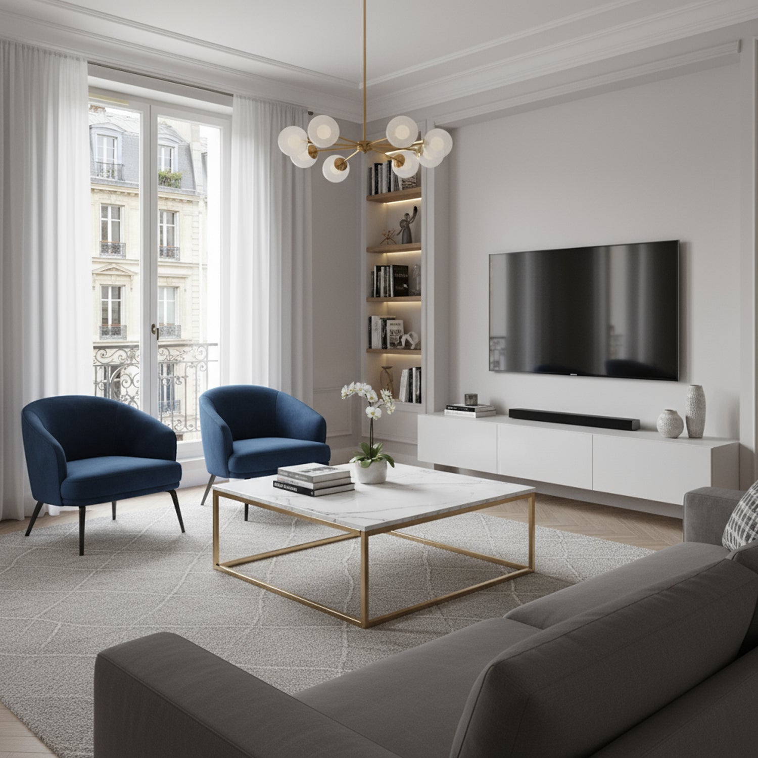 Contemporary style square coffee table, marble effect wooden tray, gold metal structure - facto