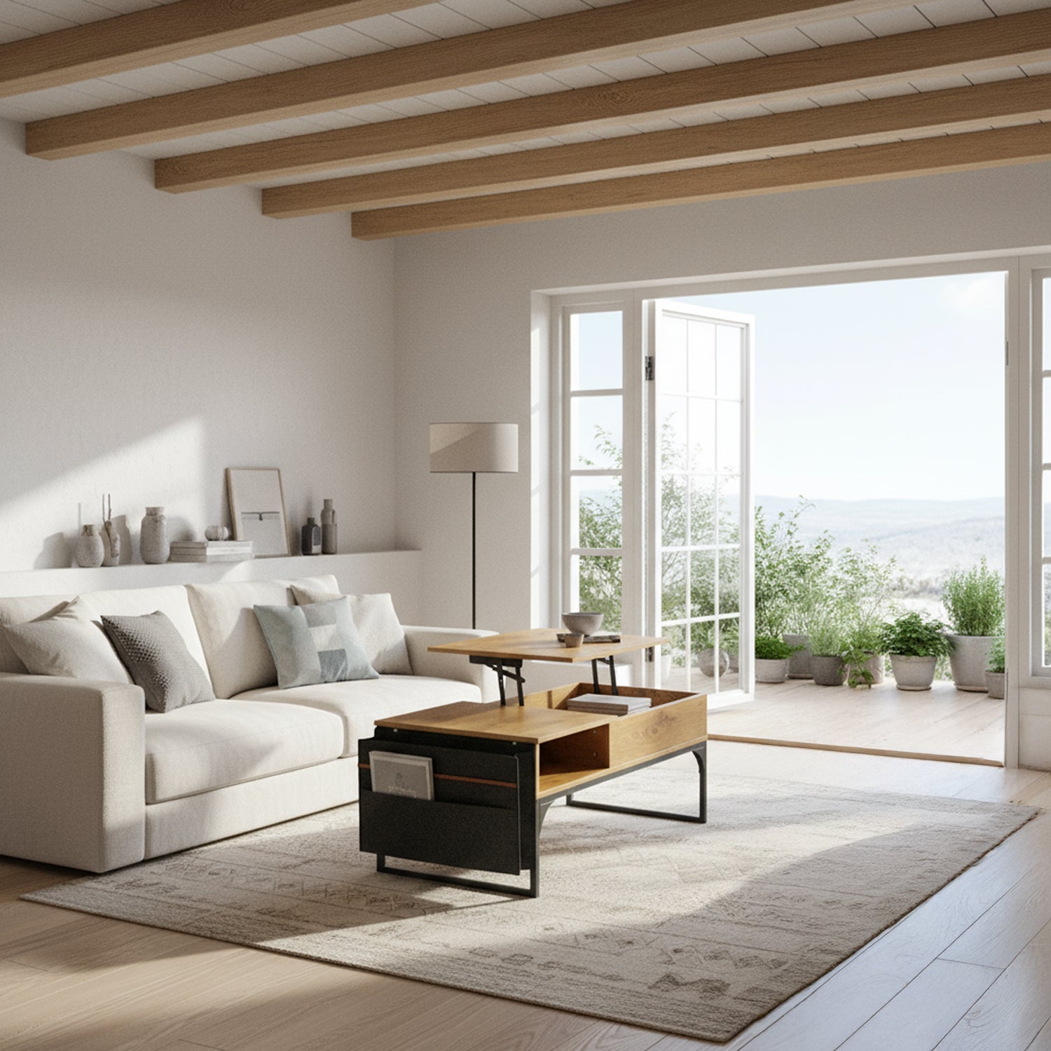 Table basse relevable style industriel avec rangement caché, plateau élévateur et pochette latérale, bois de chêne et métal noir - ZOLA