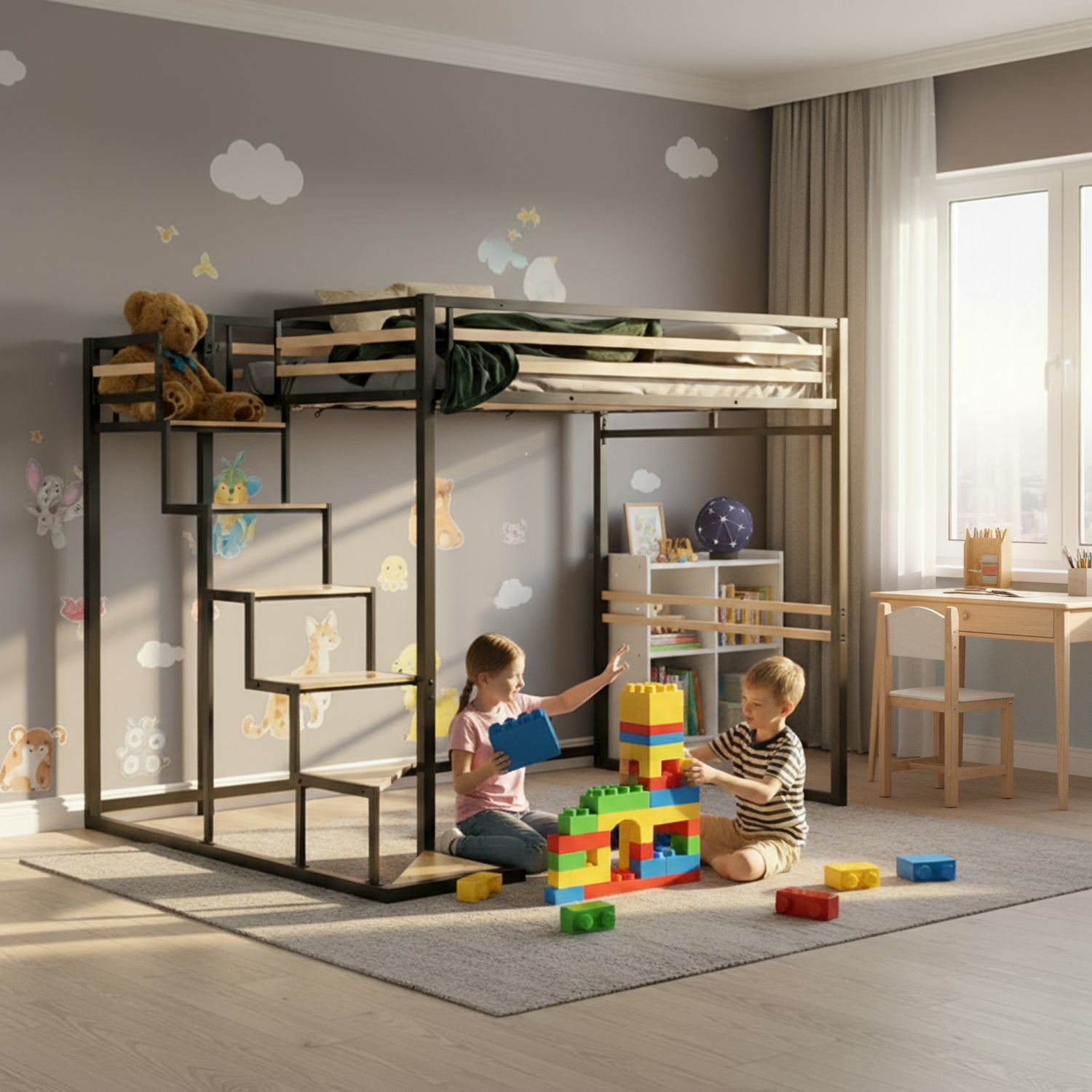 Lit mezzanine 2 places (140x200) avec sommier à lattes au style industriel noir et bois (matelas non inclus) - UP