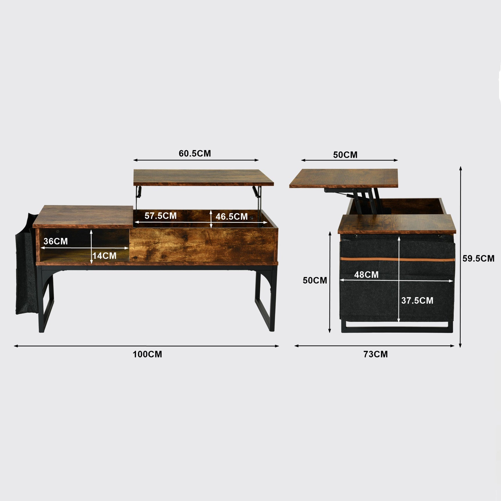 Table basse relevable style industriel avec rangement caché, plateau élévateur et pochette latérale, bois vintage et métal noir - ZOLA