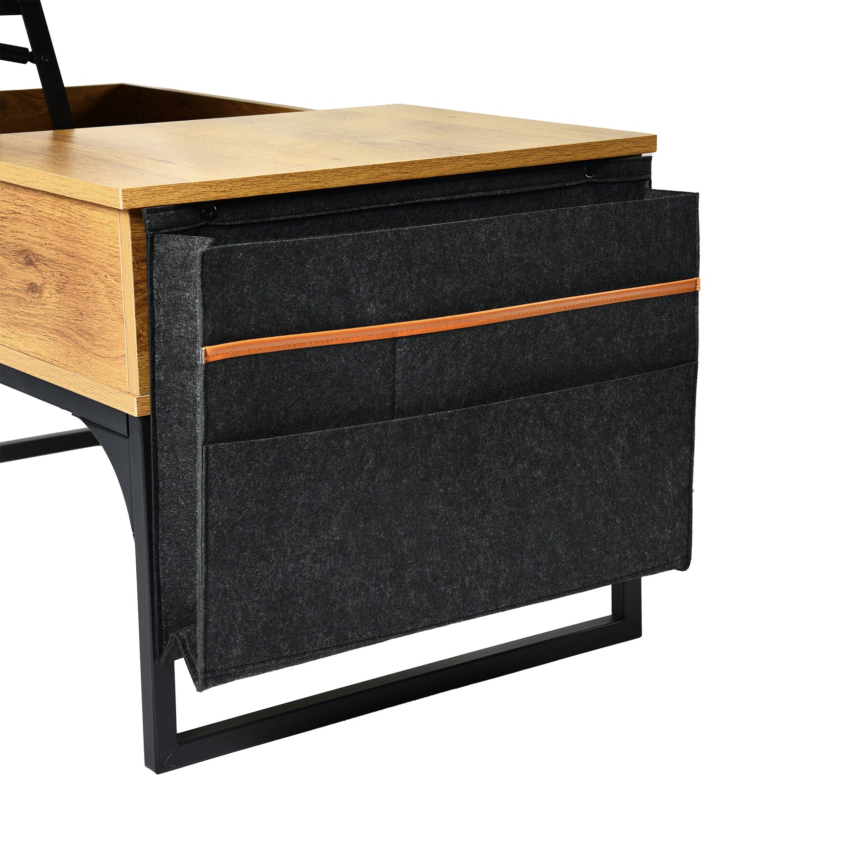 Table basse relevable style industriel avec rangement caché, plateau élévateur et pochette latérale, bois de chêne et métal noir - ZOLA