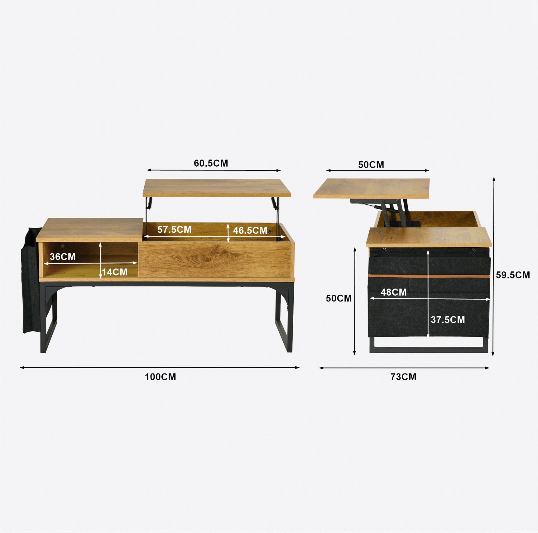 Table basse relevable style industriel avec rangement caché, plateau élévateur et pochette latérale, bois de chêne et métal noir - ZOLA
