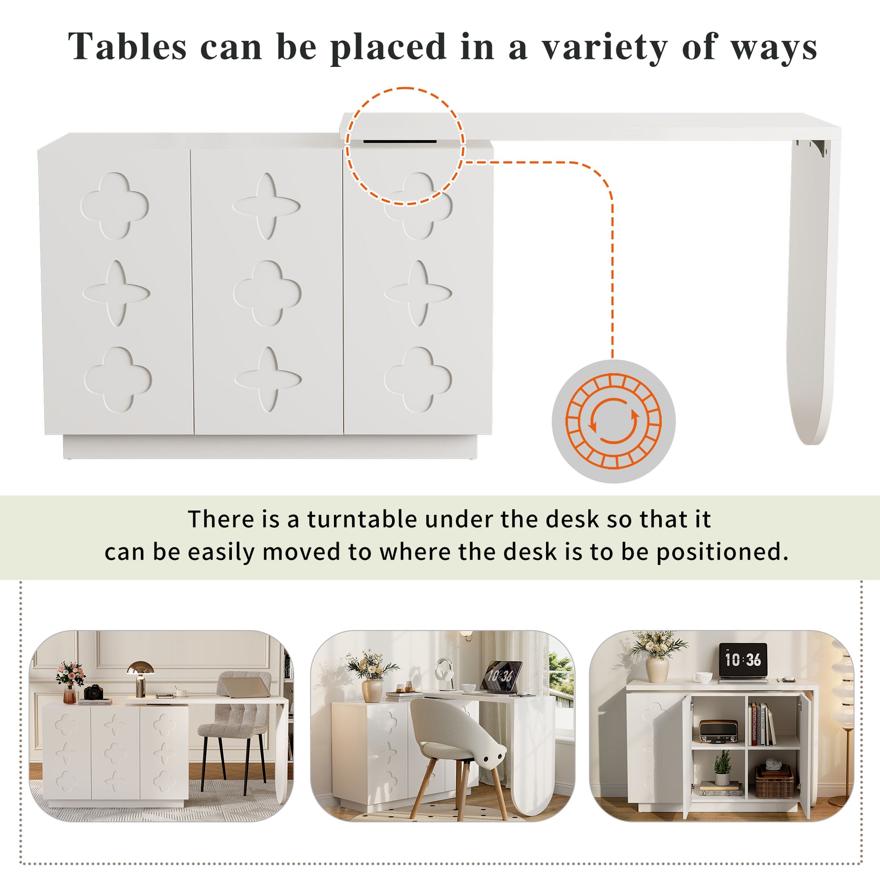 Bureau d'angle pivotant en L blanc de 110 cm, avec 3 placards de rangement, portes à fermeture douce et étagères réglables, idéal pour un bureau ou un studio de beauté
