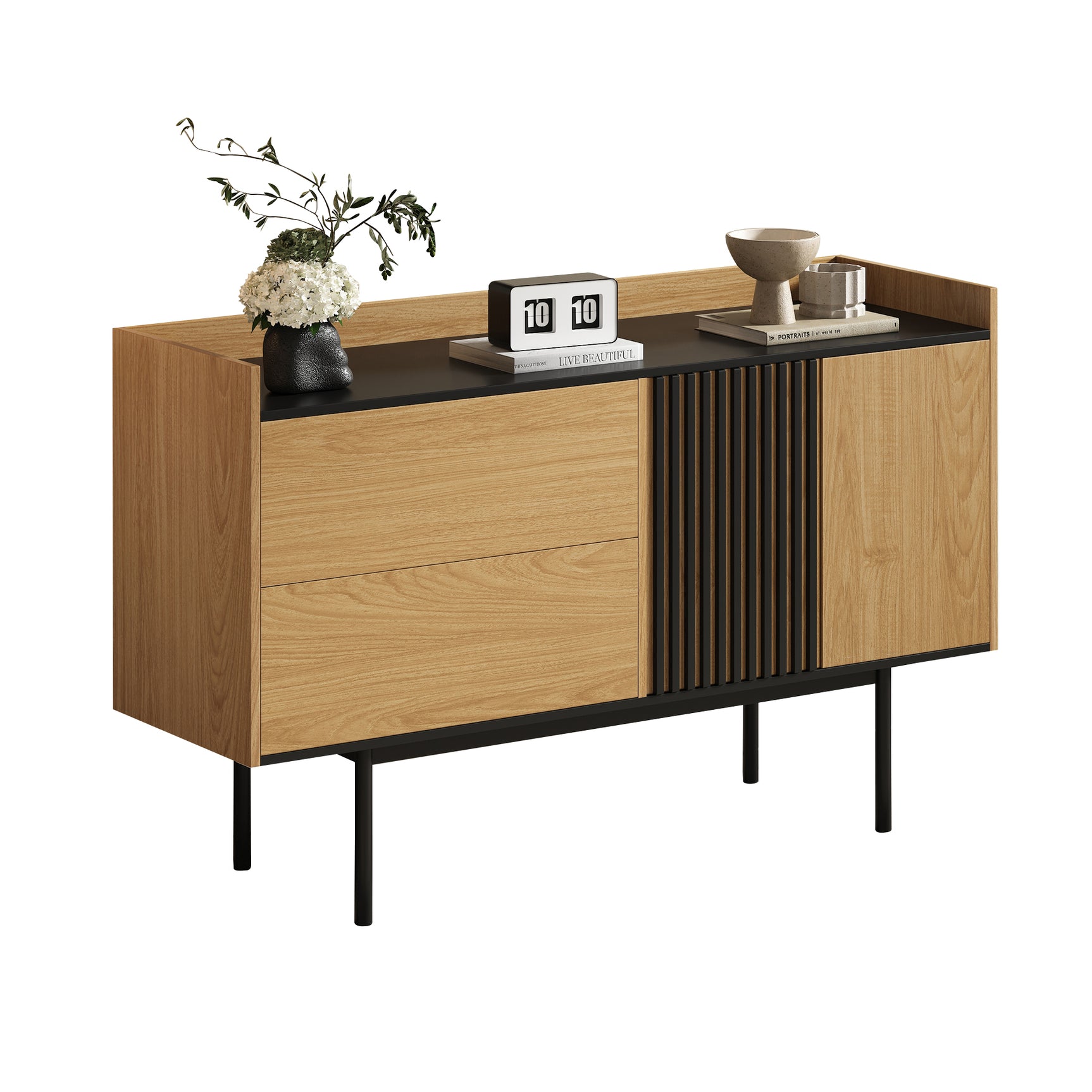 Modernes minimalistisches Buffet 130 cm mit 2 Schubladen, Türen und verstellbares Regal, schwarzes Tablett und Eichendekor, schwarze Metallfüße
