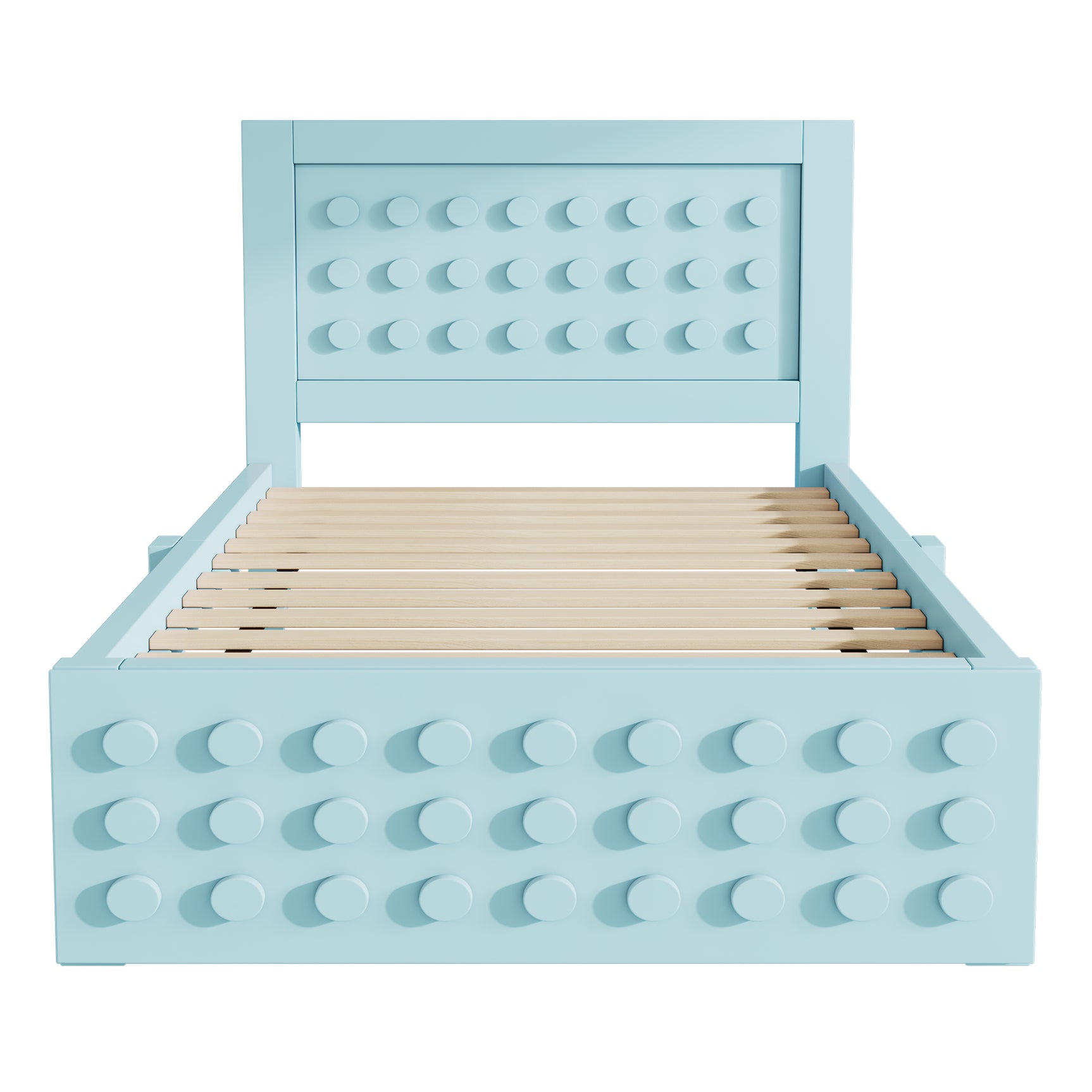Lit enfant bleu 90x200 cm avec tiroir de rangement et design créatif en blocs, cadre en bois massif