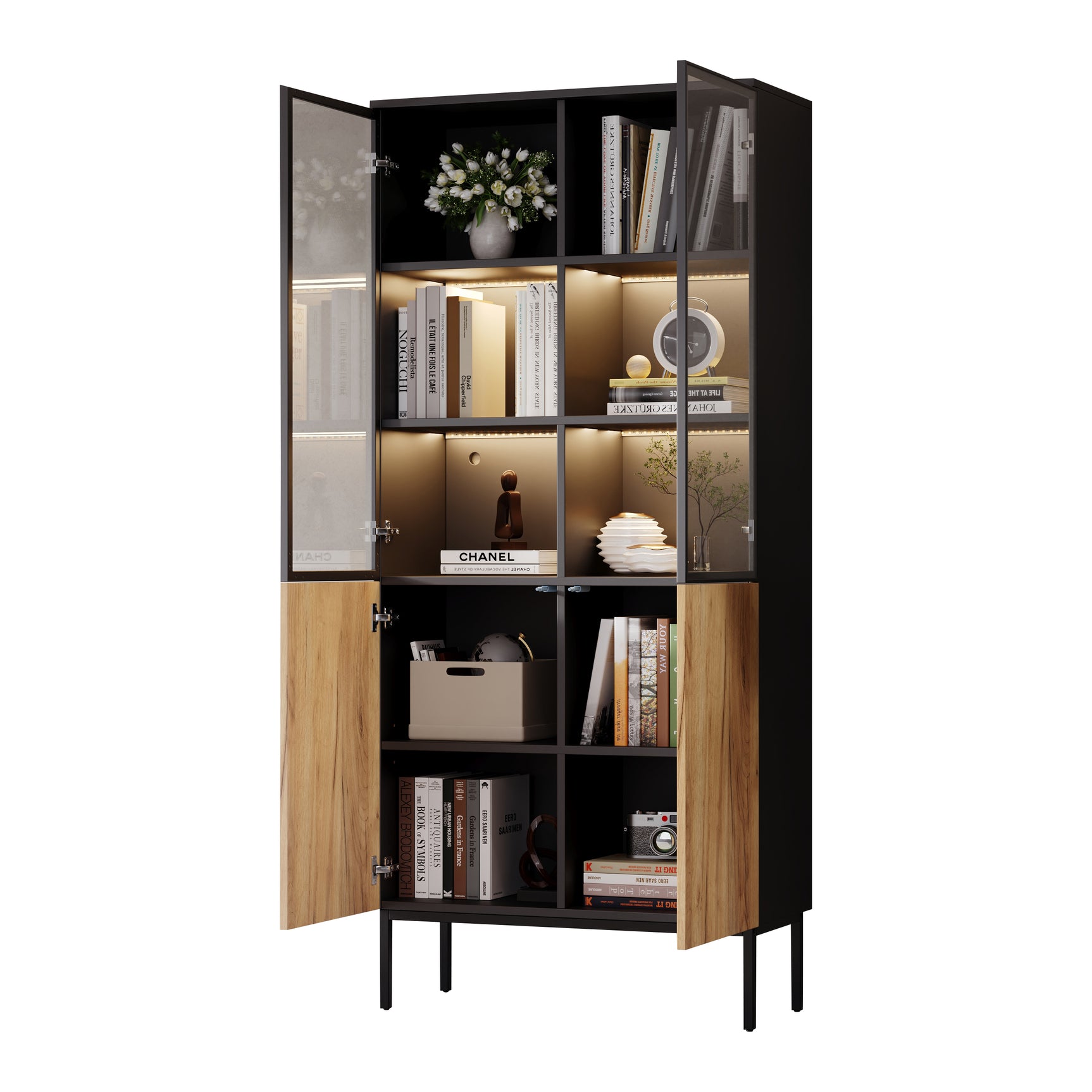 180 cm LED-Vitrine aus gehärtetem Glas in Schwarz/Eiche mit verstellbaren Einlegeböden