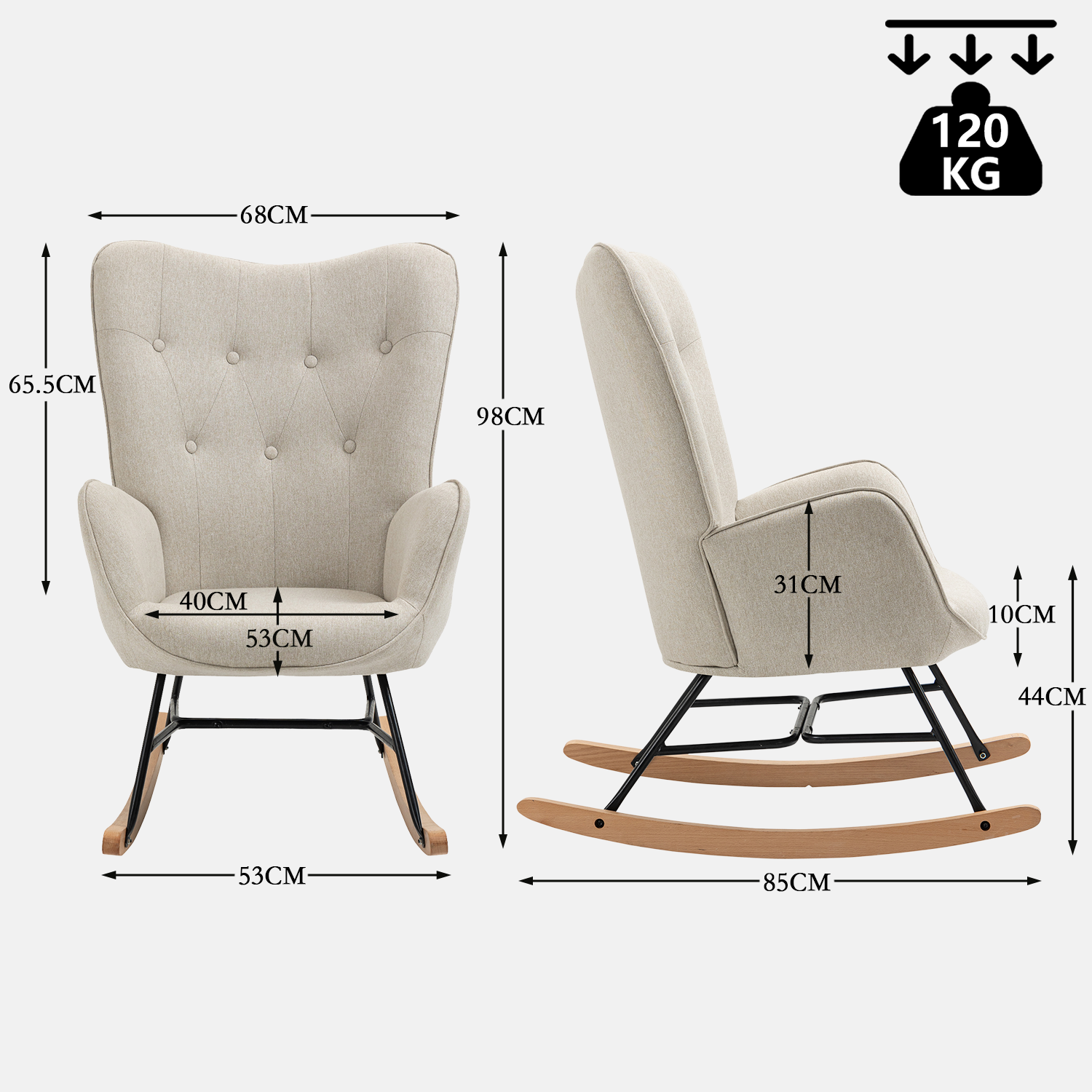 Fauteuil à bascule allaitement scandinave avec accoudoirs en tissu beige capitonné - EPPING