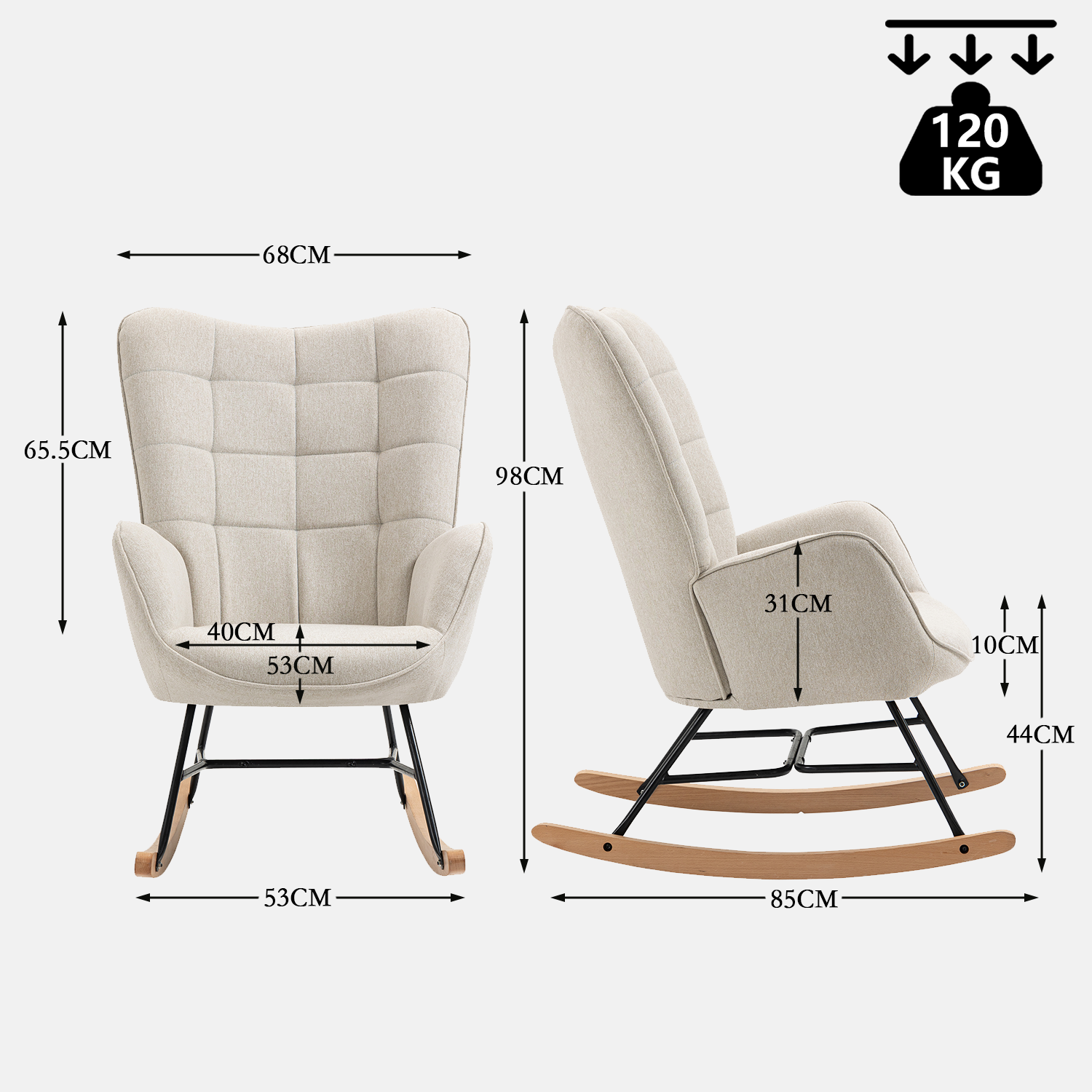 Fauteuil à bascule allaitement scandinave avec accoudoirs en tissu beige à surpiqûres - FUNKEL