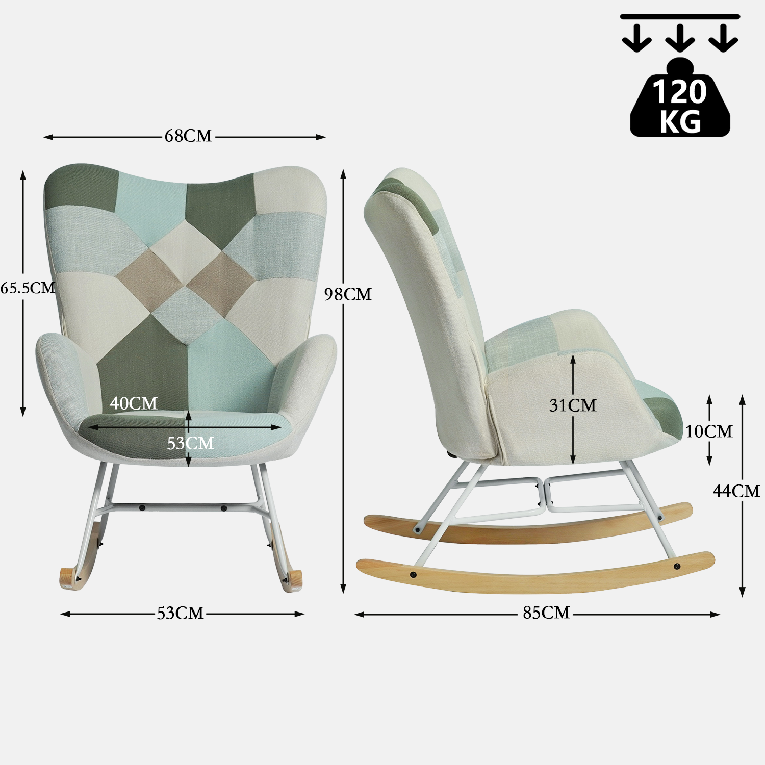 Fauteuil à bascule allaitement scandinave avec accoudoirs en tissu patchwork aqua capitonné - EPPING