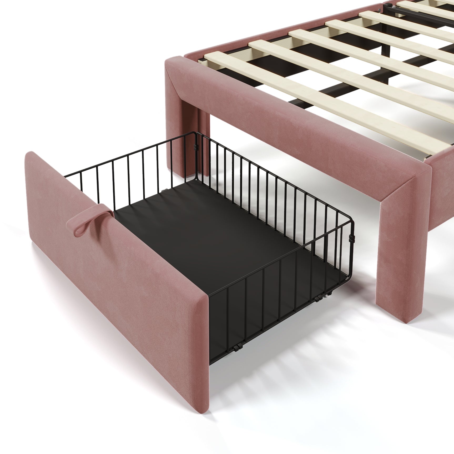 Verpacktes Kinderbett 90 × 190 cm mit LEDs und Schubladen, rosa Samt (ohne Matratzen)