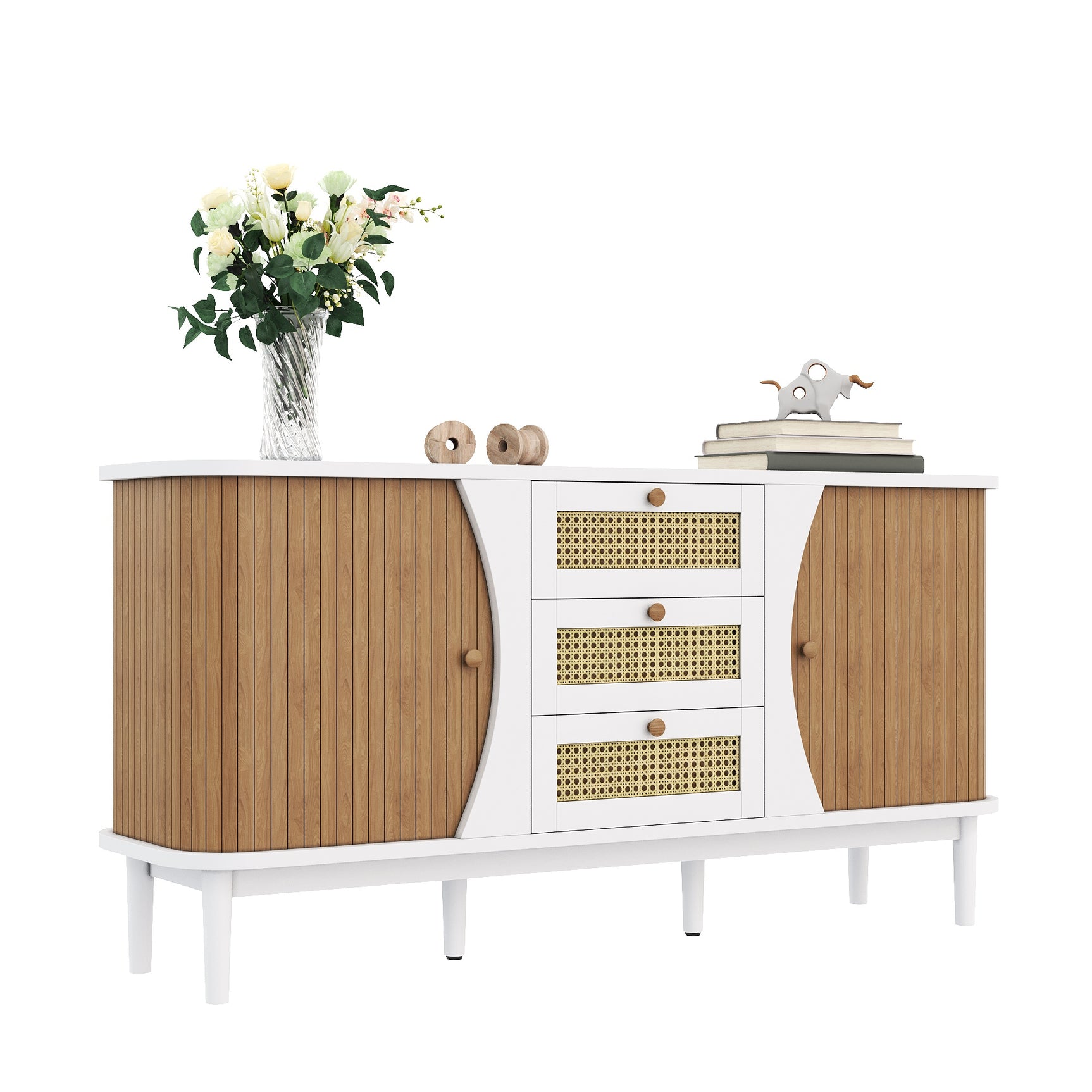 Modern white buffet with 3 rattan drawers and sliding doors