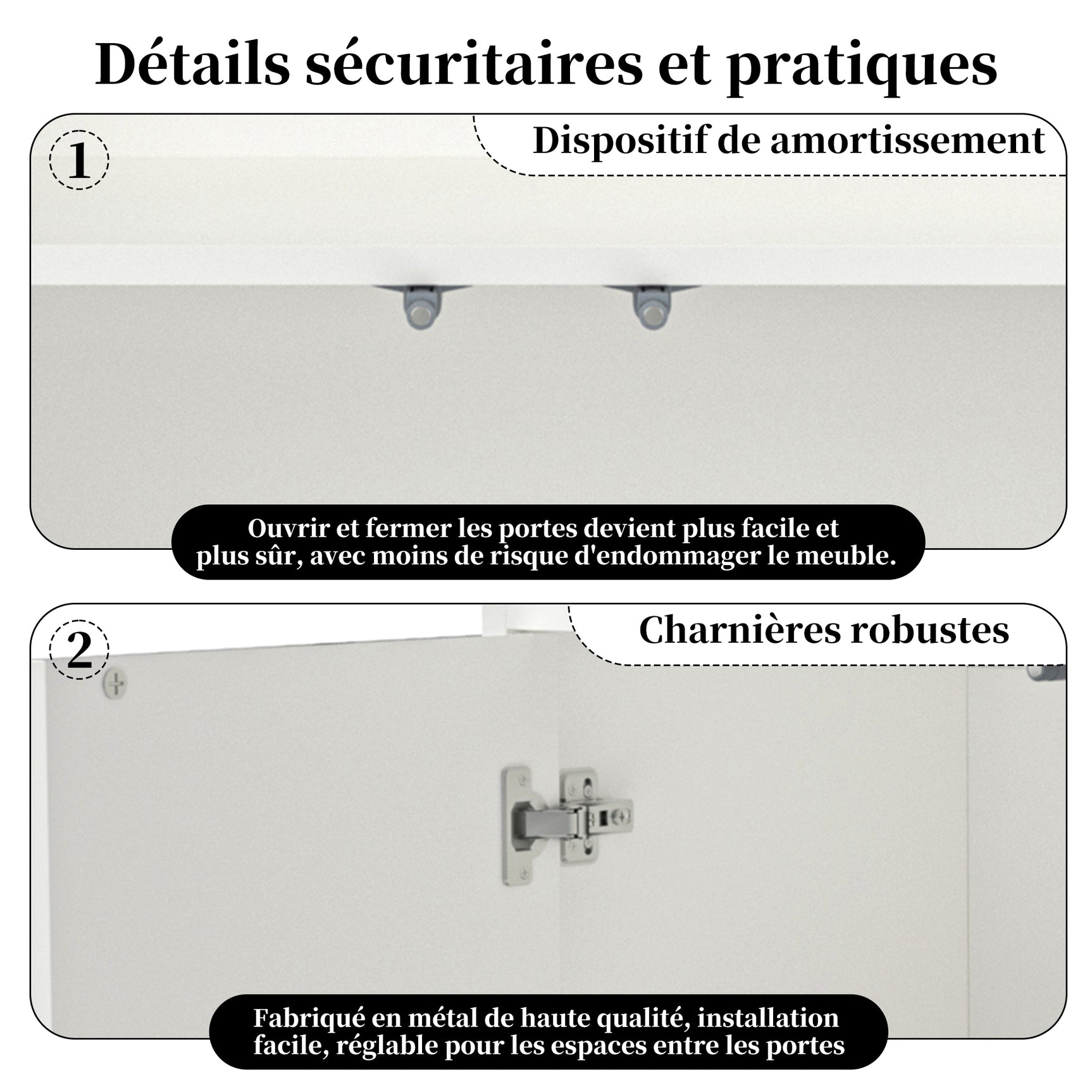 Buffet de rangement blanc 70x35x90 cm en MDF avec 2 portes magnétiques