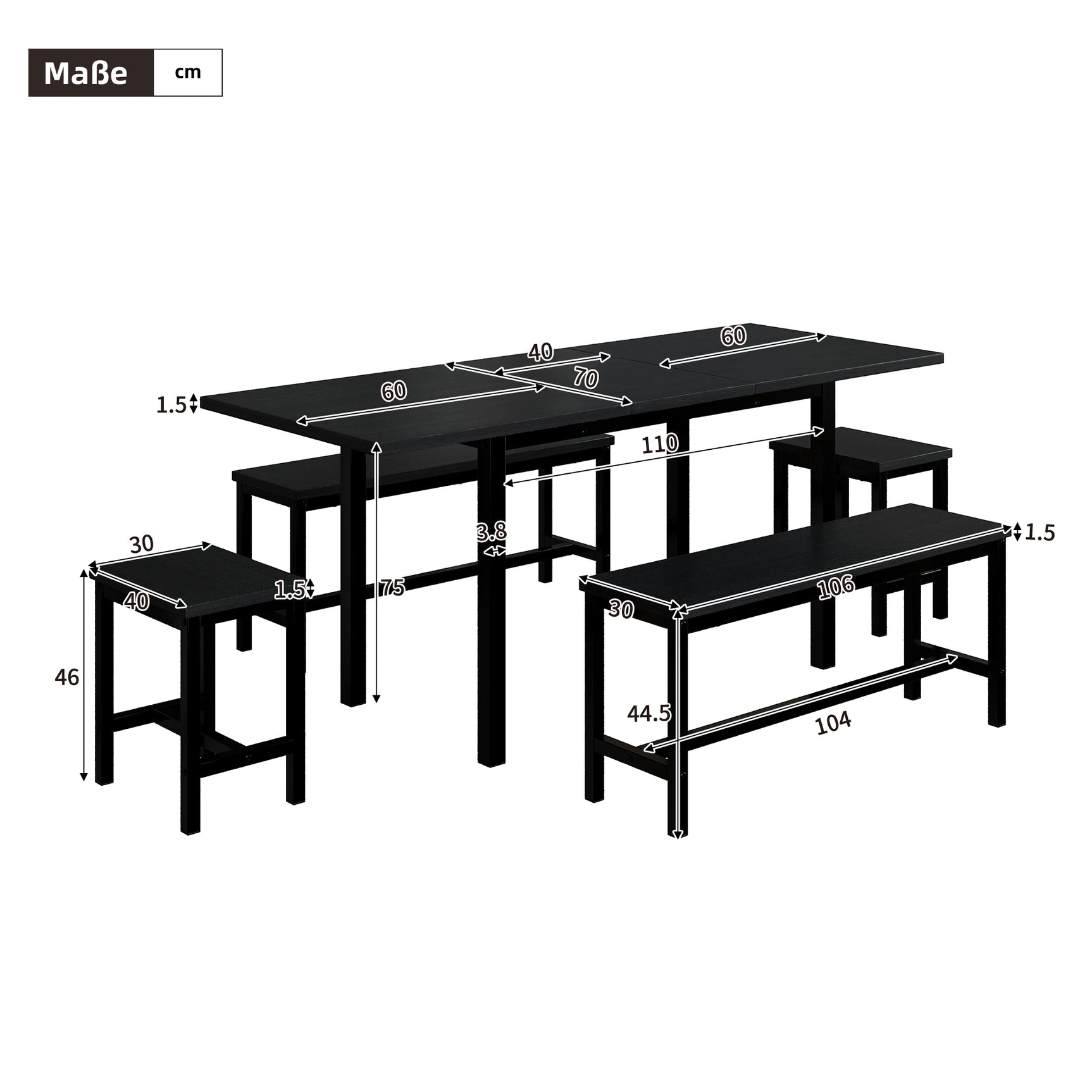 Ensemble de table de salle à manger extensible pliante 120–160 cm avec 4 chaises en métal noir, design moderne et pratique pour accueillir jusqu’à 6 personnes