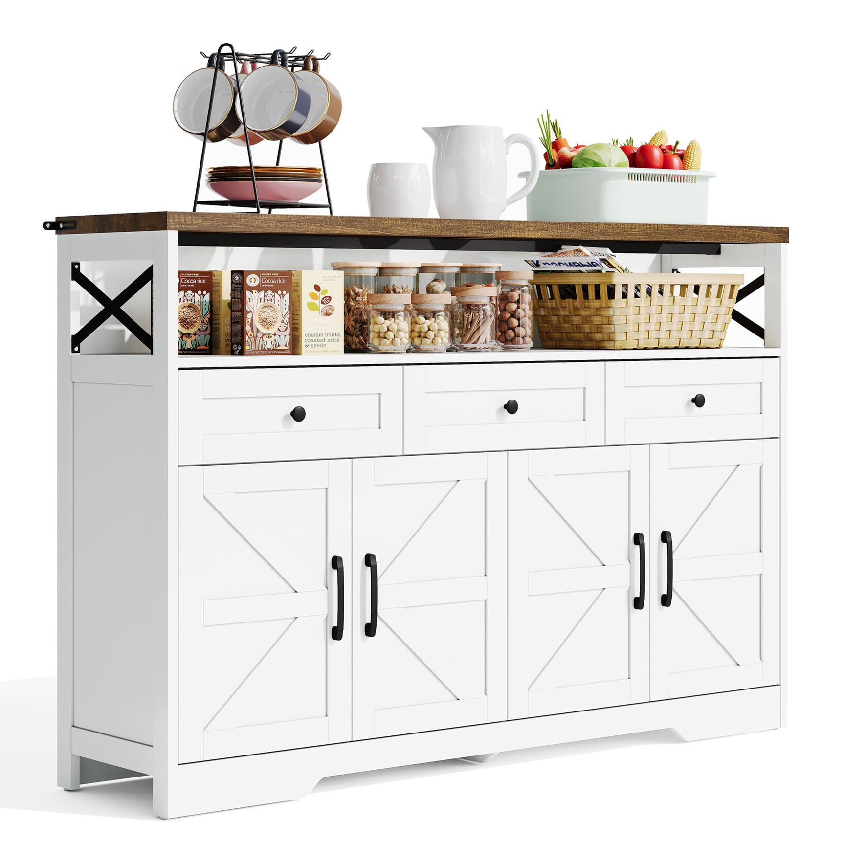 White and brown rustic buffet with 3 drawers and 2 doors