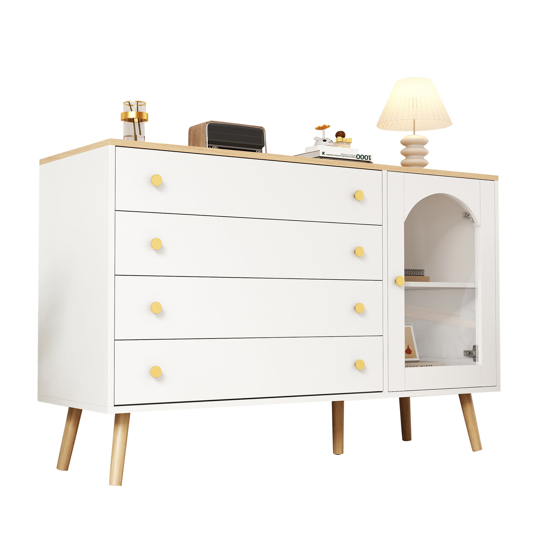 Commode blanche moderne avec 4 tiroirs spacieux et porte en verre trempé