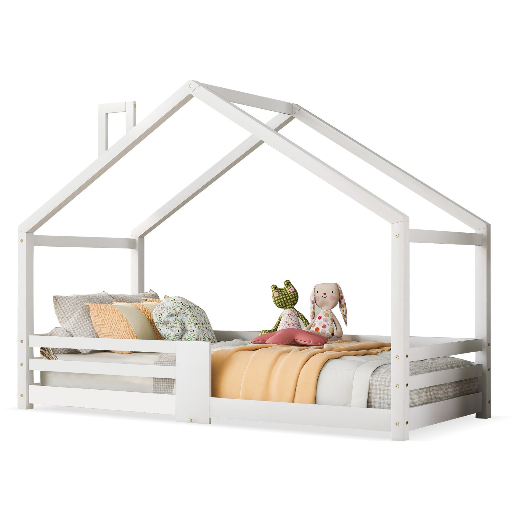 Lit cabane enfant 90x200 cm bois massif blanc avec barrière anti-chute et sommier à lattes