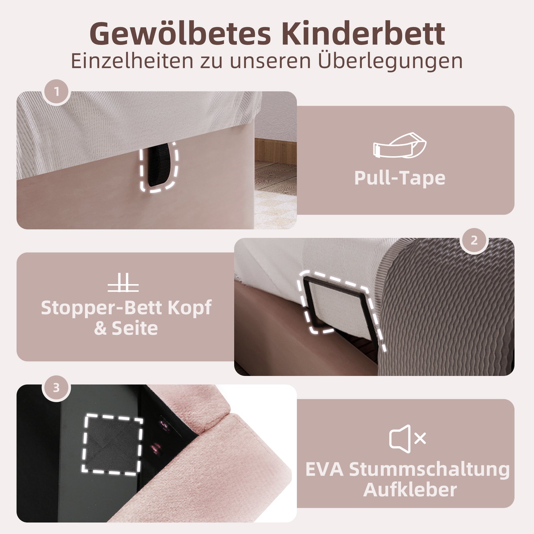 Packaged children's bed 90 × 190 cm (without mattresses) in pink velvet with arched headboard