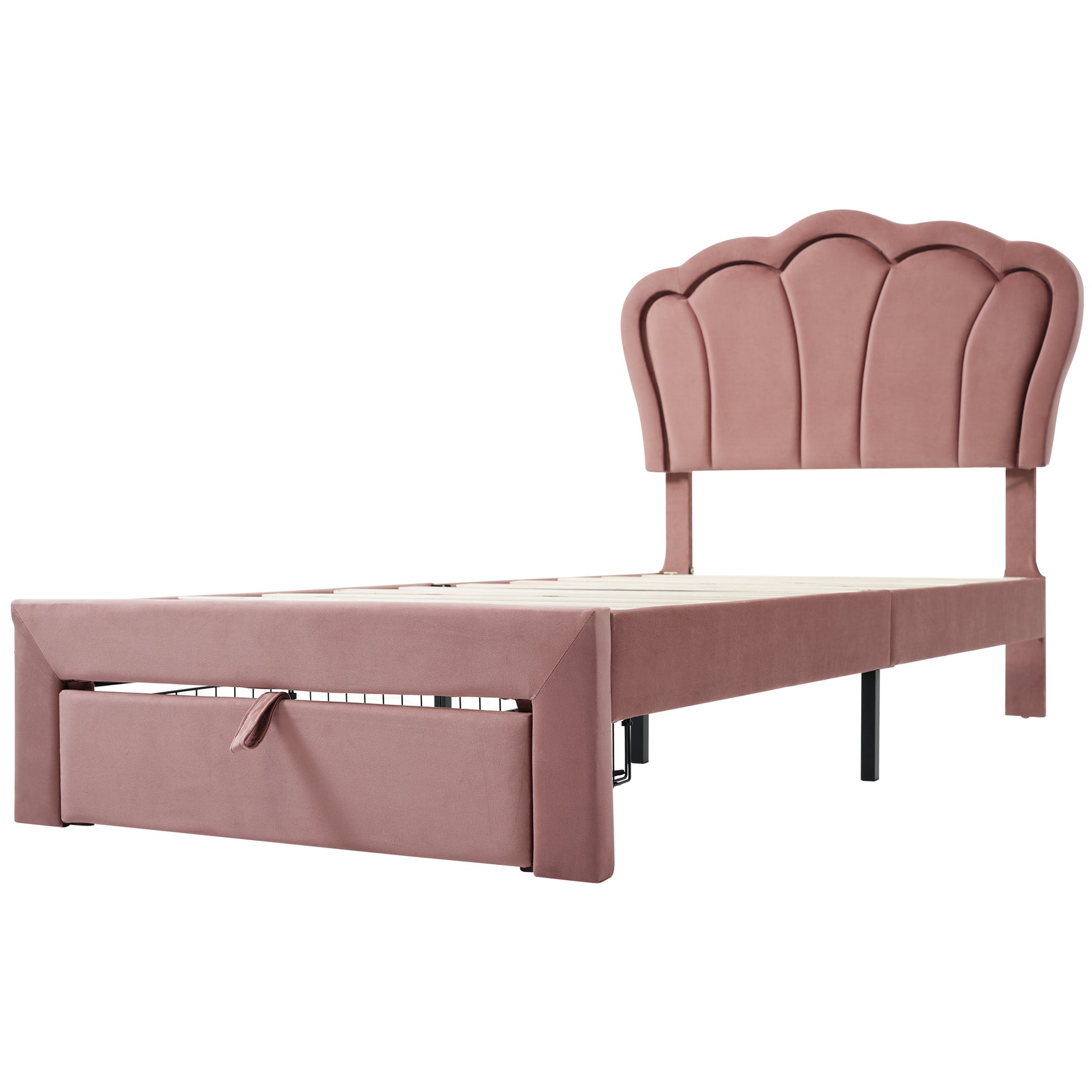 Verpacktes Kinderbett 90 × 190 cm mit LEDs und Schubladen, rosa Samt (ohne Matratzen)