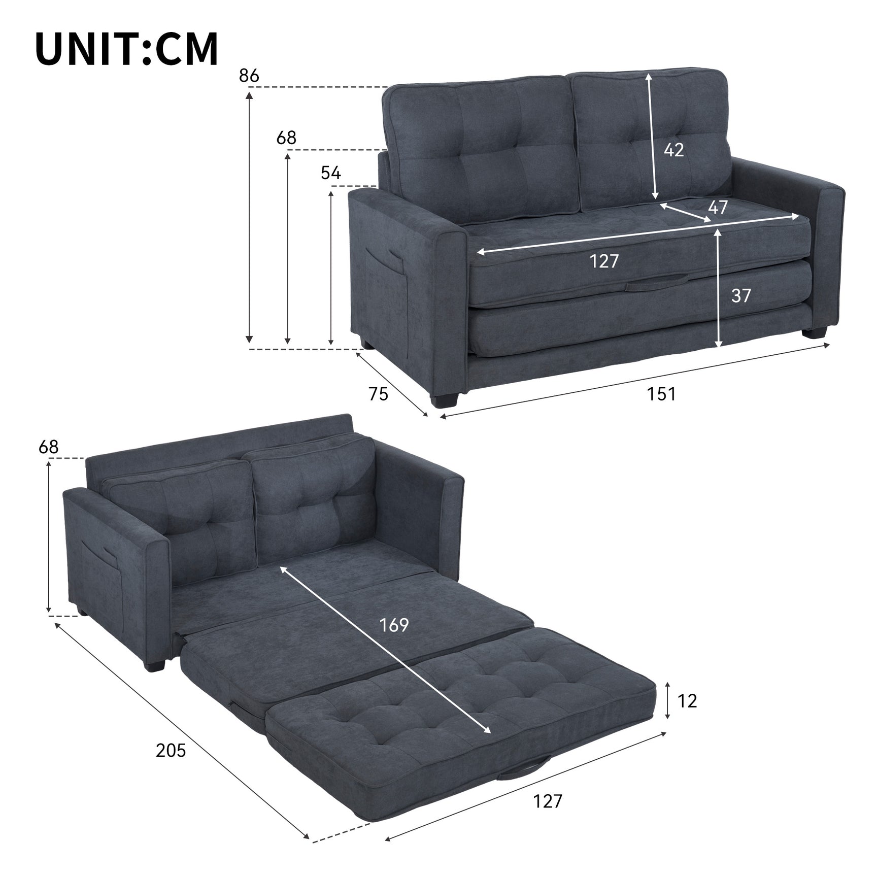 2-seater sofa bed in dark gray fabric with side pockets, modern convertible sofa
