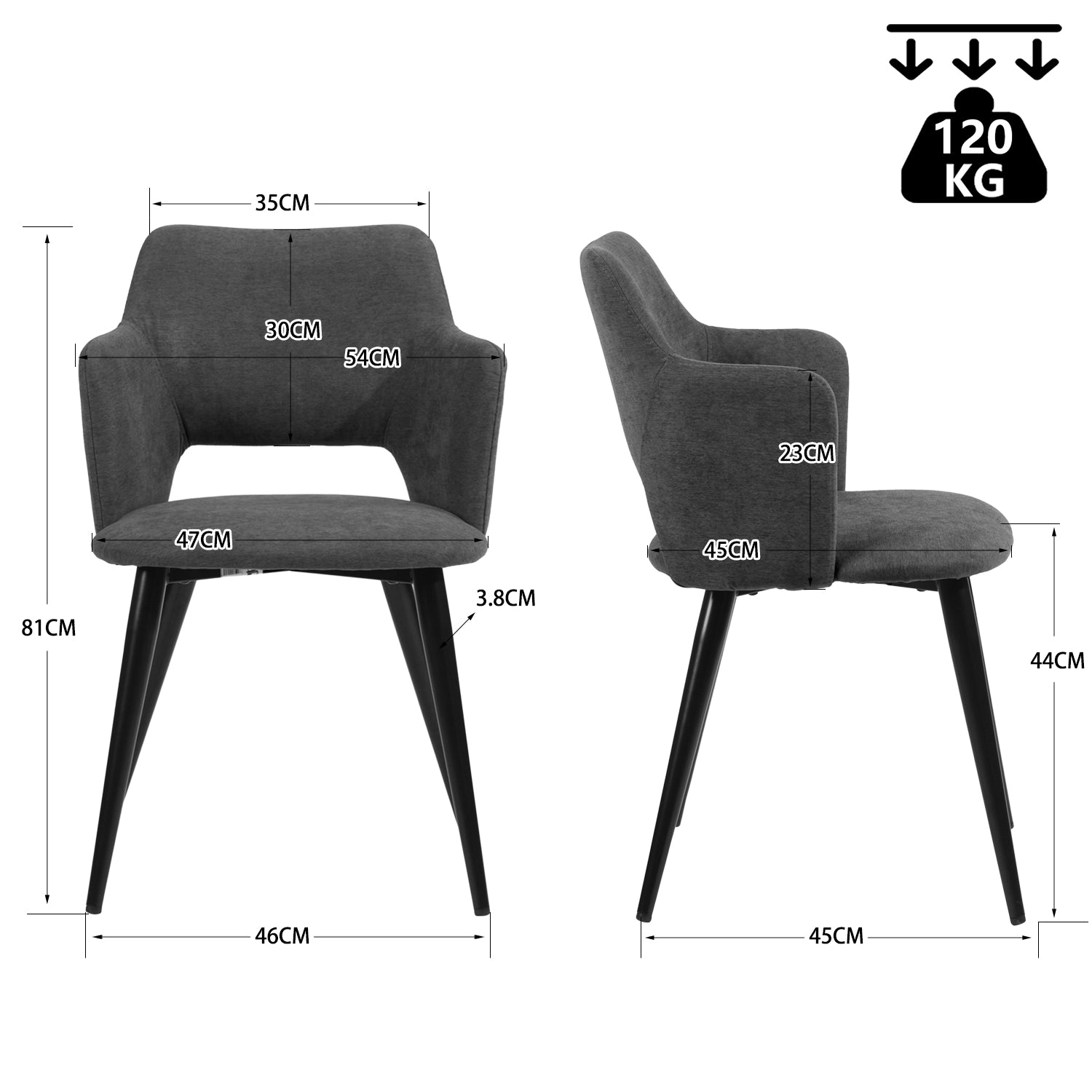 Ensemble de salle à manger composé d'une table ronde en chêne et de deux fauteuils en tissu gris, scandinave pour la salle à manger