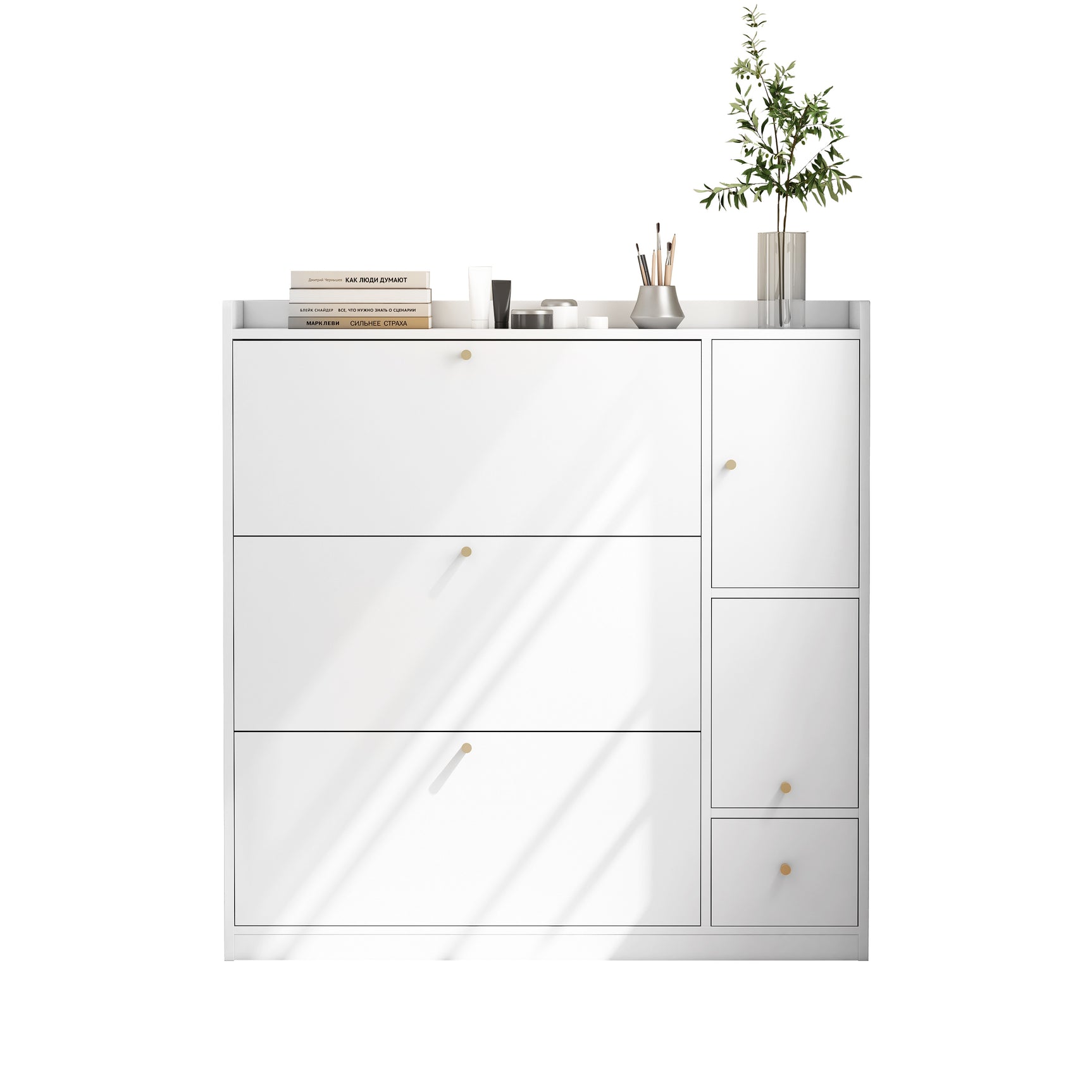 Meuble à chaussures blanc 119x24x122 cm avec 3 tiroirs basculants, tiroir de rangement, étagères réglables et banc rabattable